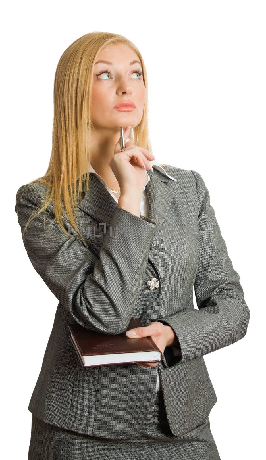 portrait of pretty thinking blonde isolated over white with clipping path