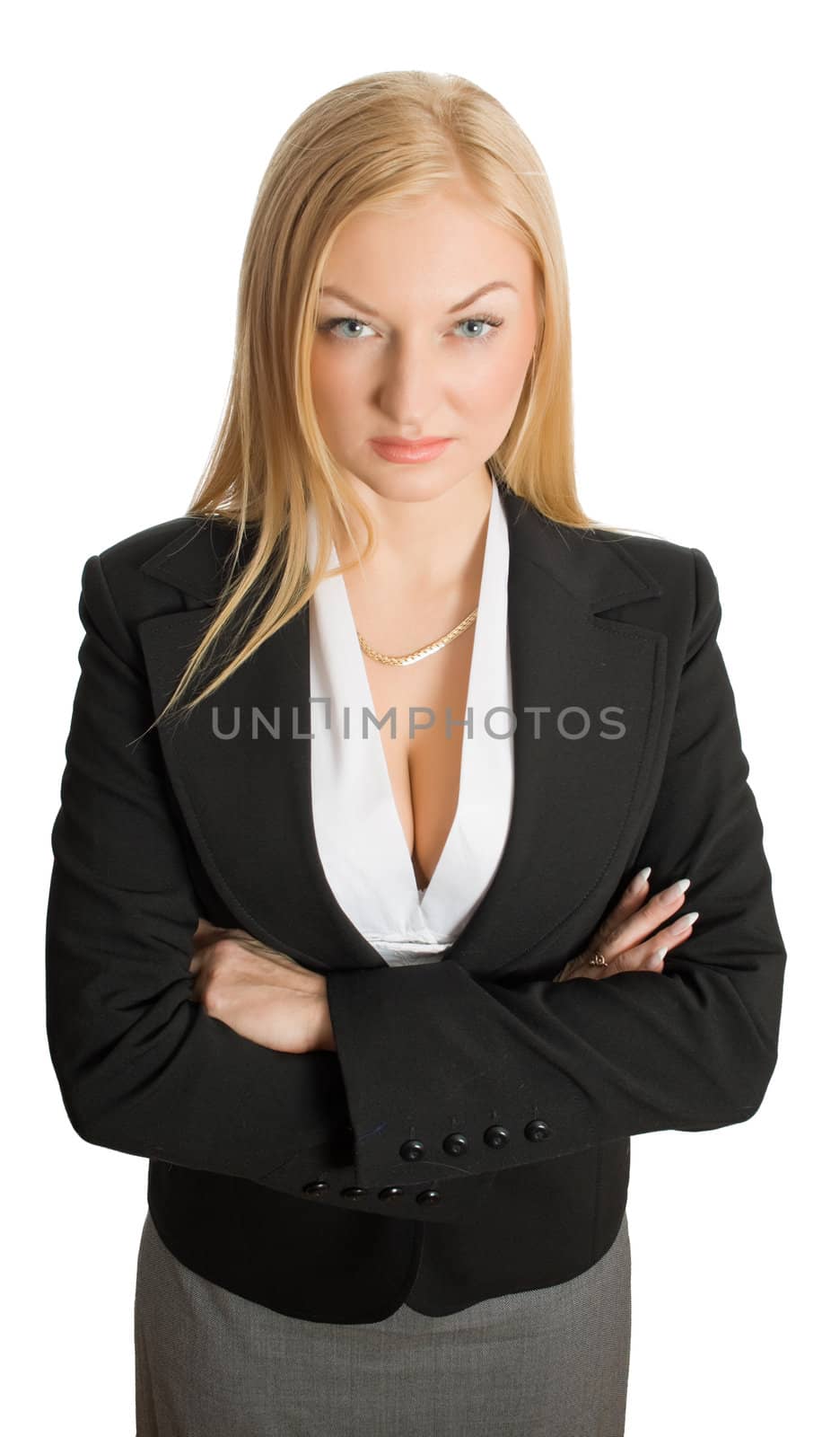 businesswoman fold her arms isolated over white with clipping path