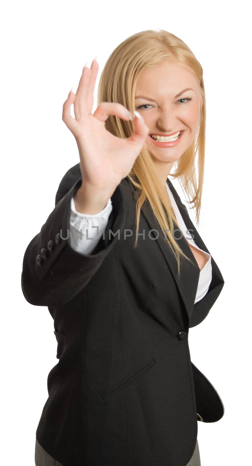 businesswoman show ok sign isolated over white with clipping path