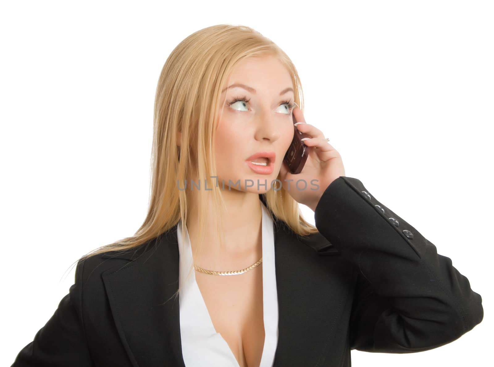 calling businesswoman isolated over white with clipping path