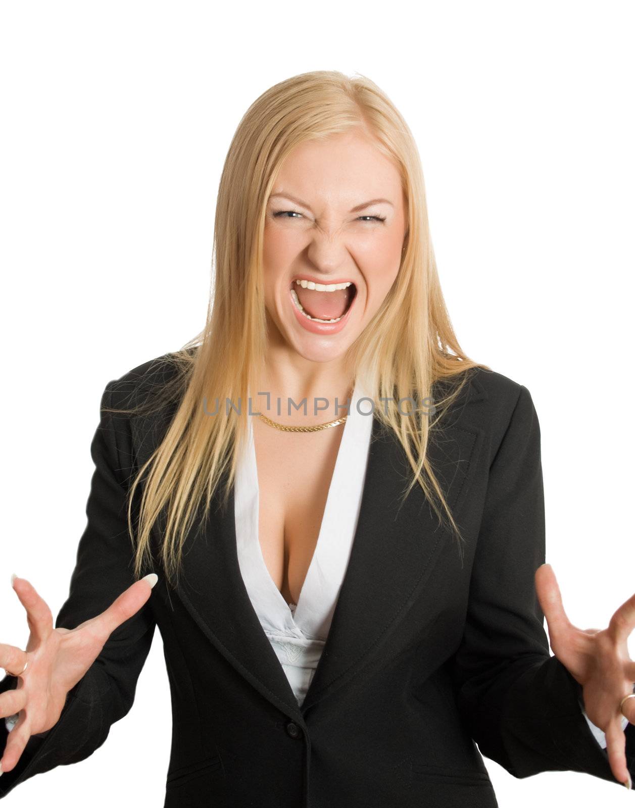 portrait of screaming businesswoman isolated over white with clipping path