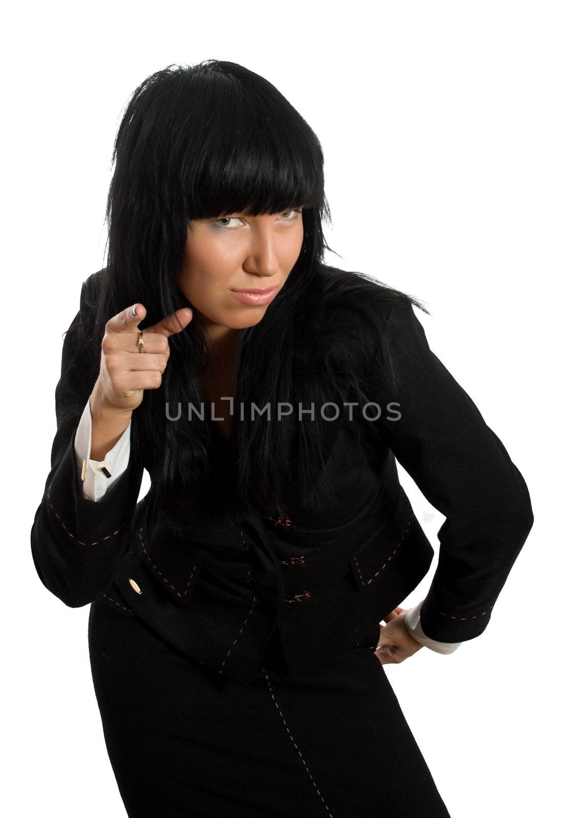 portrait of girl pointing at you isolated over white with clipping path