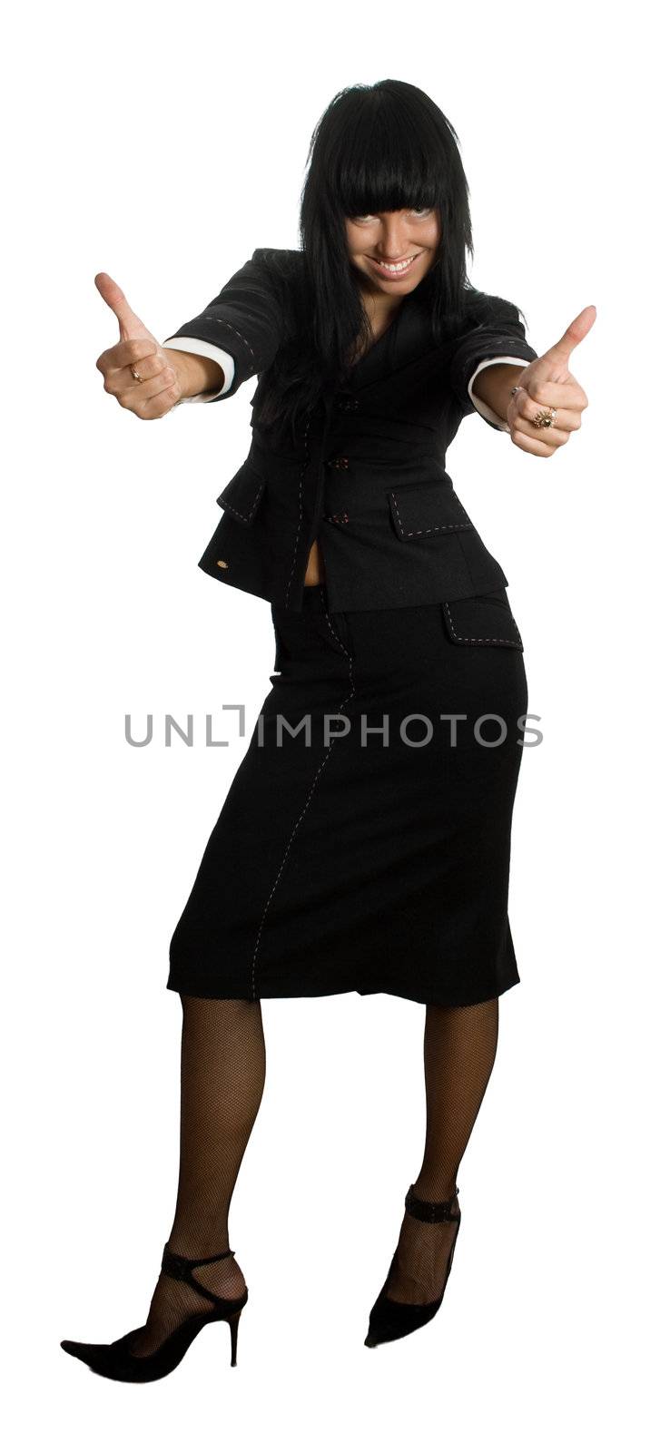 girl show thumb up sign isolated over white with clipping path