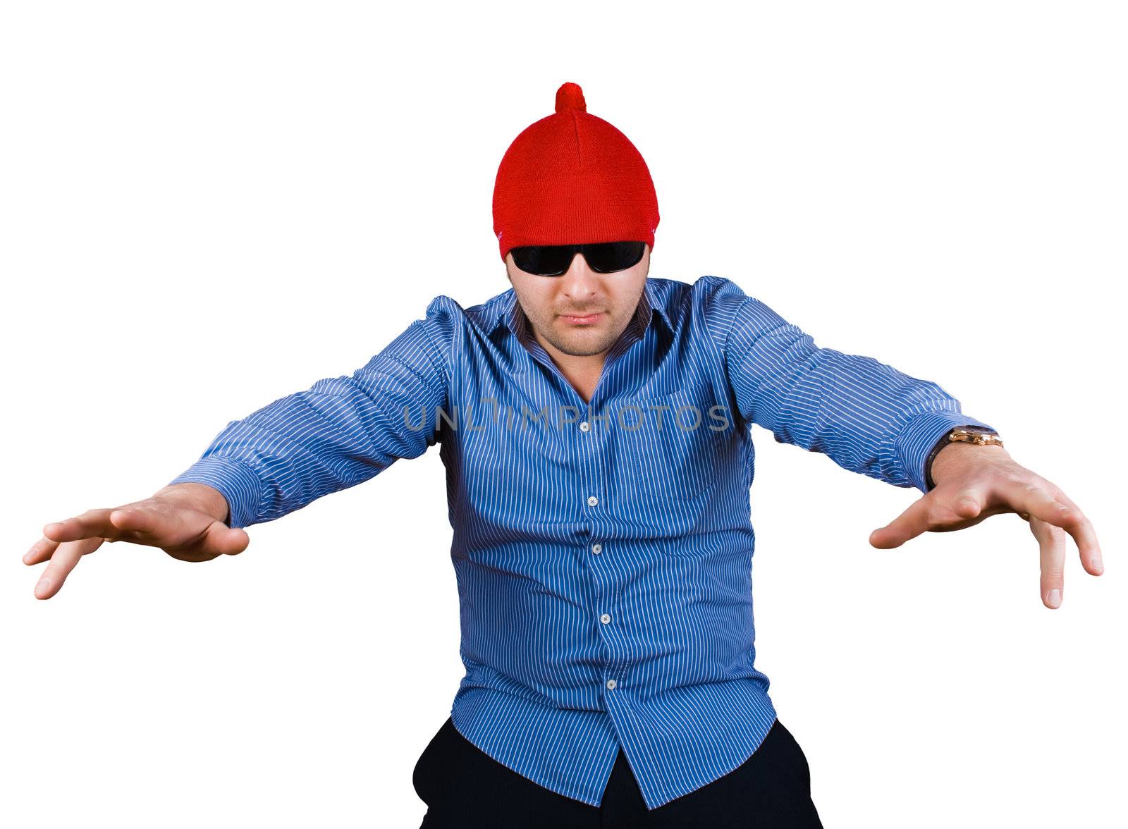 crazy man in red cap isolated over white with clipping path