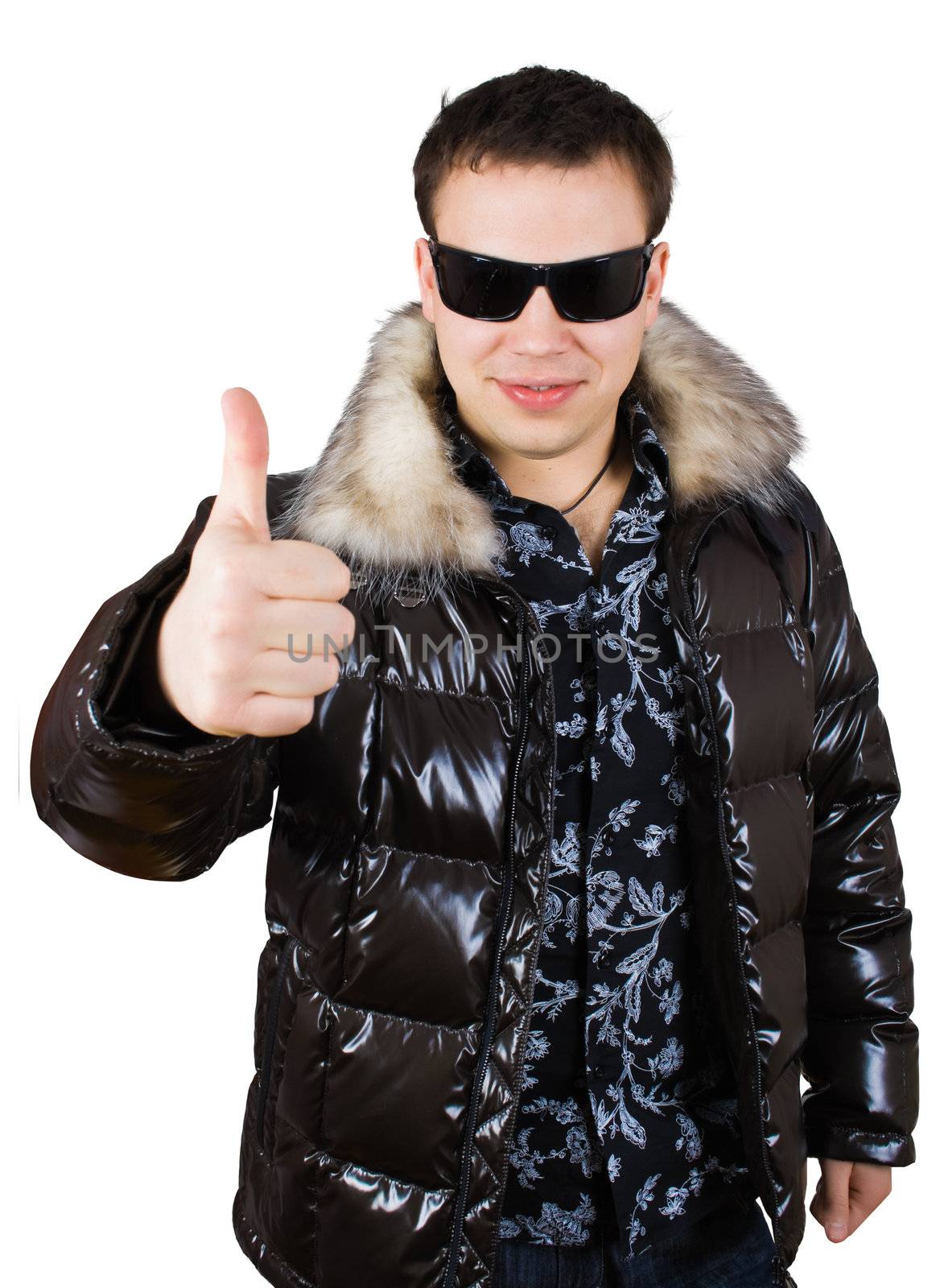 man in black glasses show thumb up sing isolated over white with clipping path