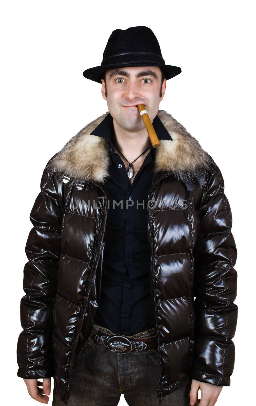 crazy man in hat with cigar isolated over white with clipping path