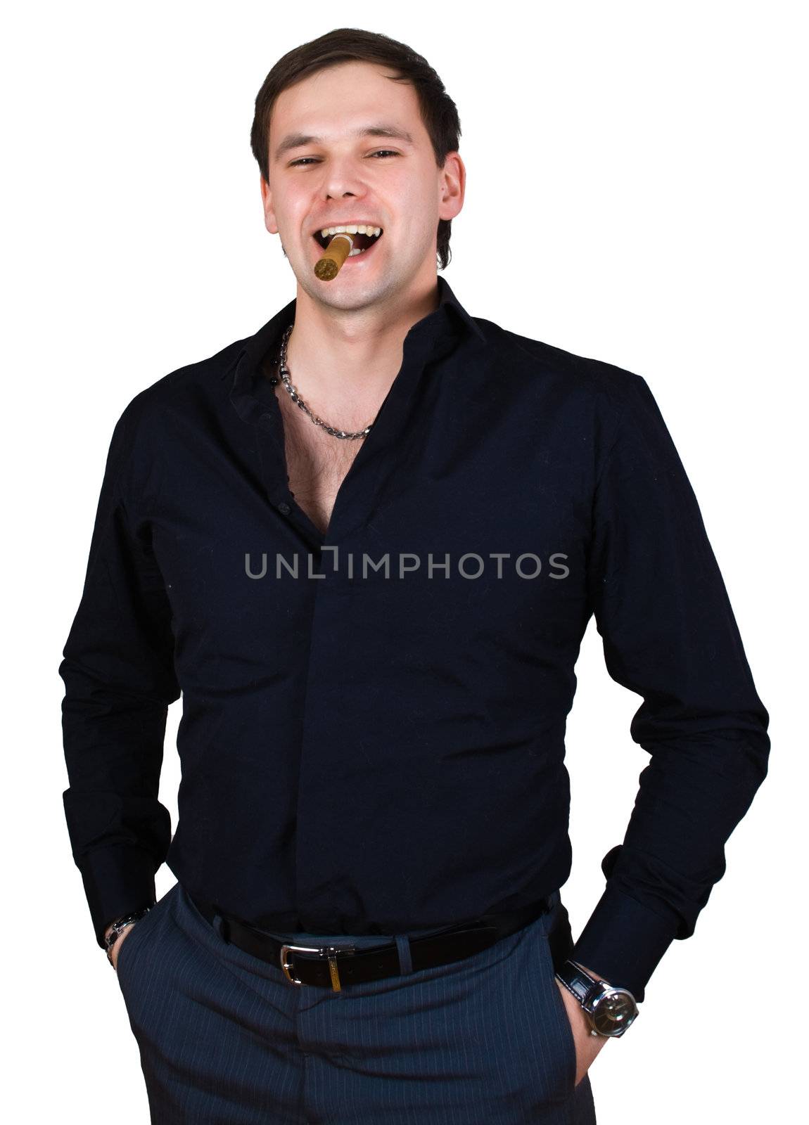 man in black with cigar isolated over white with clipping path