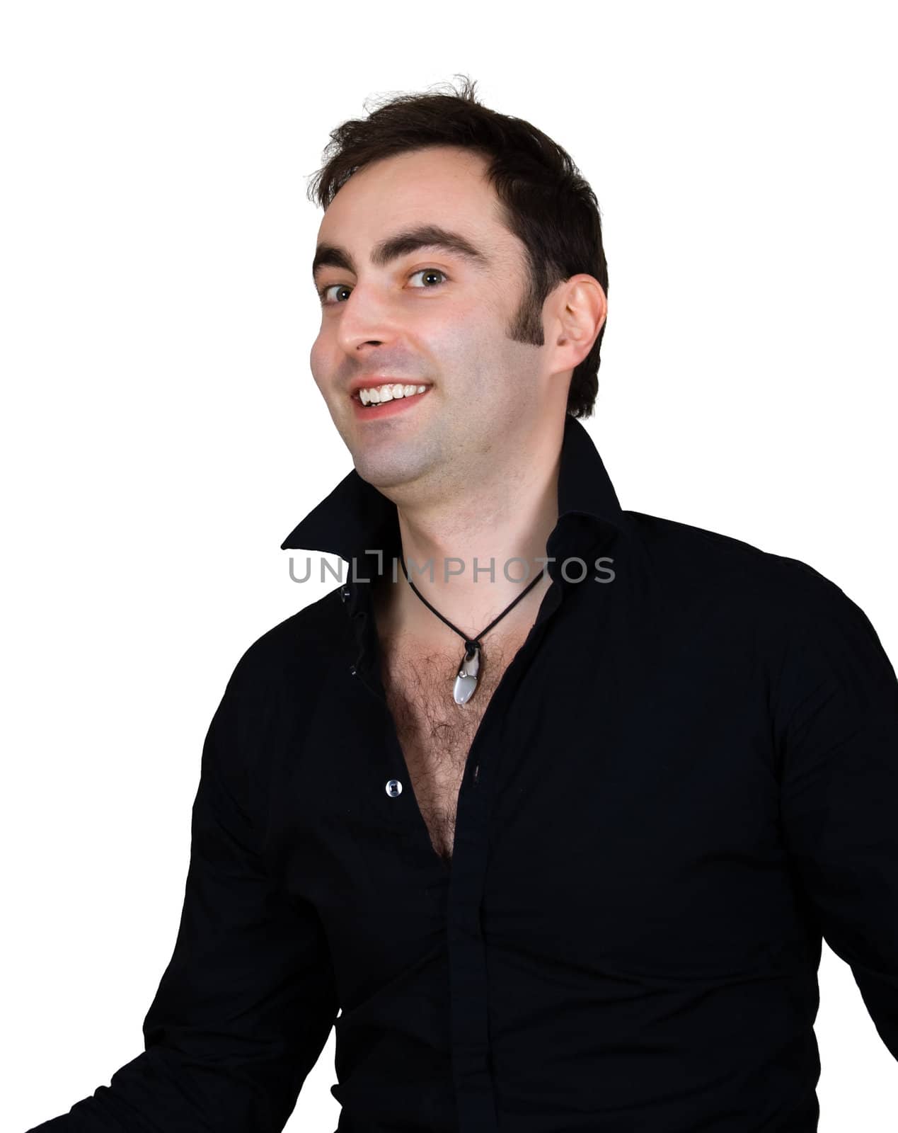 smiling man in black isolated over white with clipping path