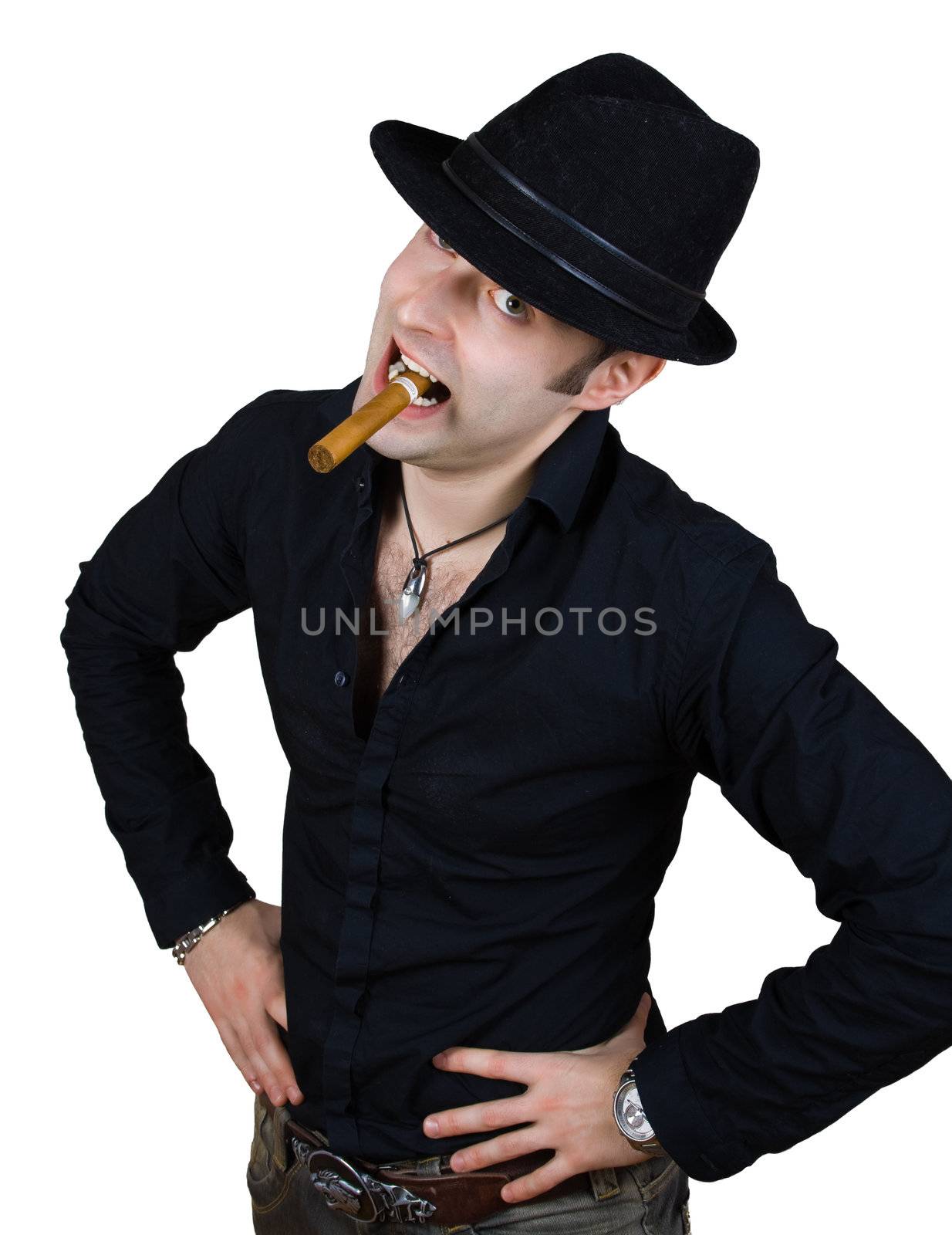 crazy man in black hat with cigar isolated over white with clipping path