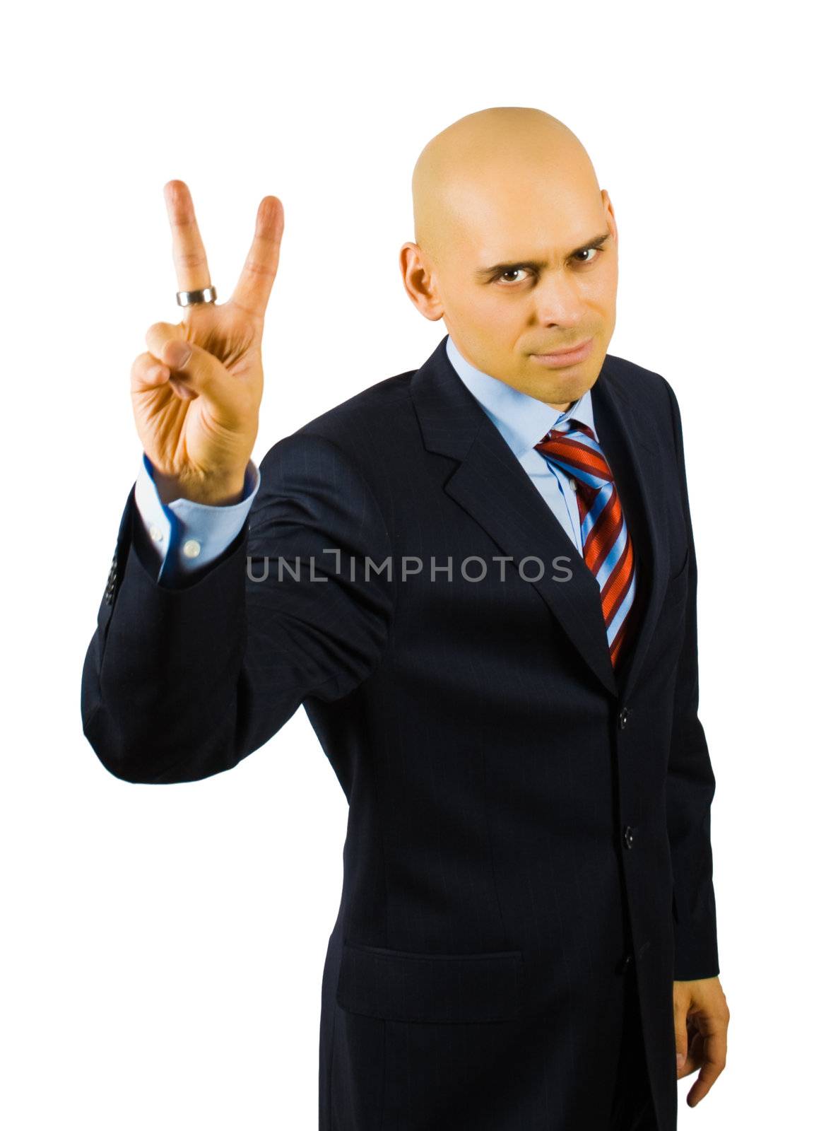 businessman show victory sing isolated on white with clipping path