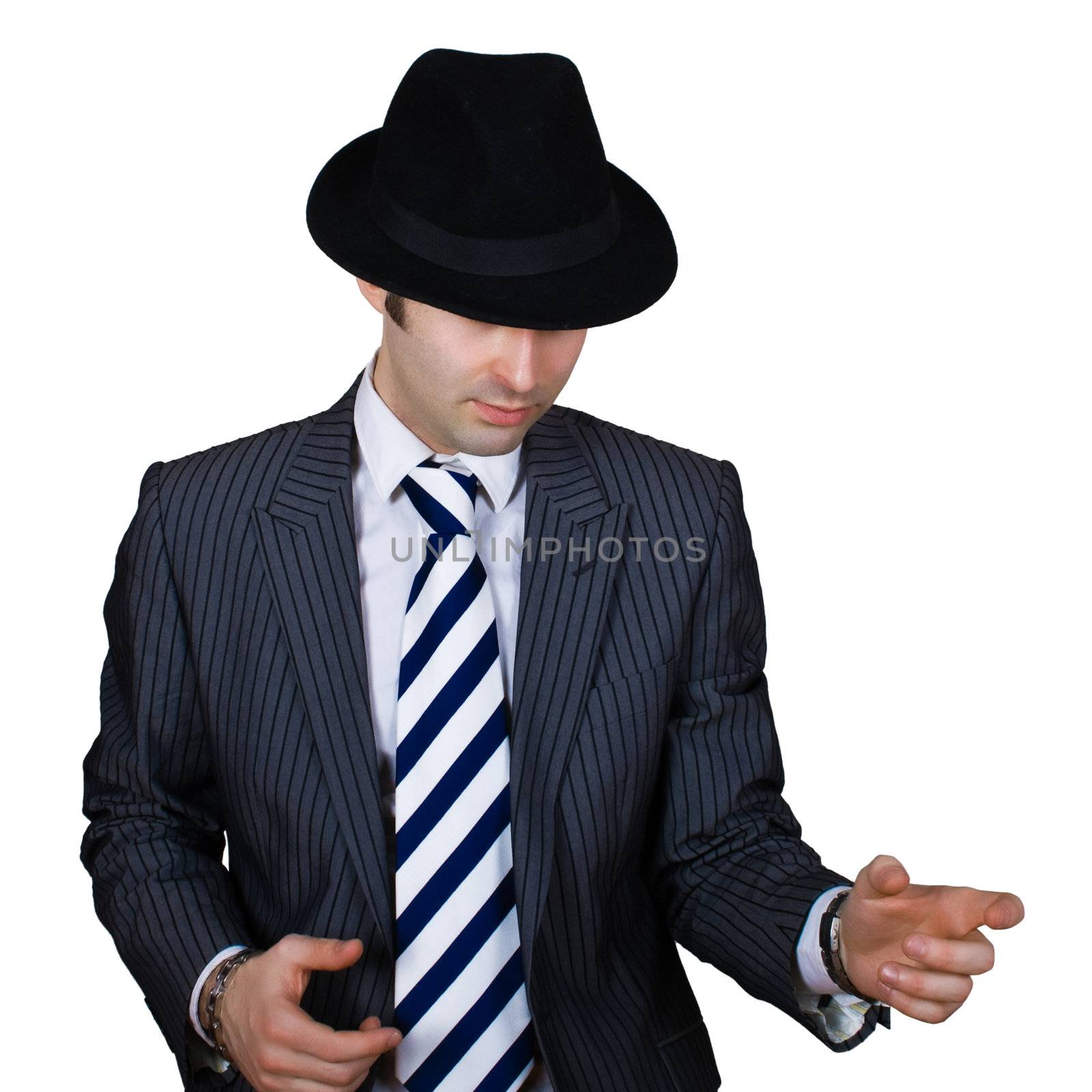 retro mafioso ready to shoot isolated over white with clipping path