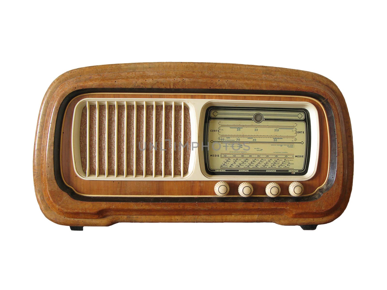 Very antique italian radio isolated on white.