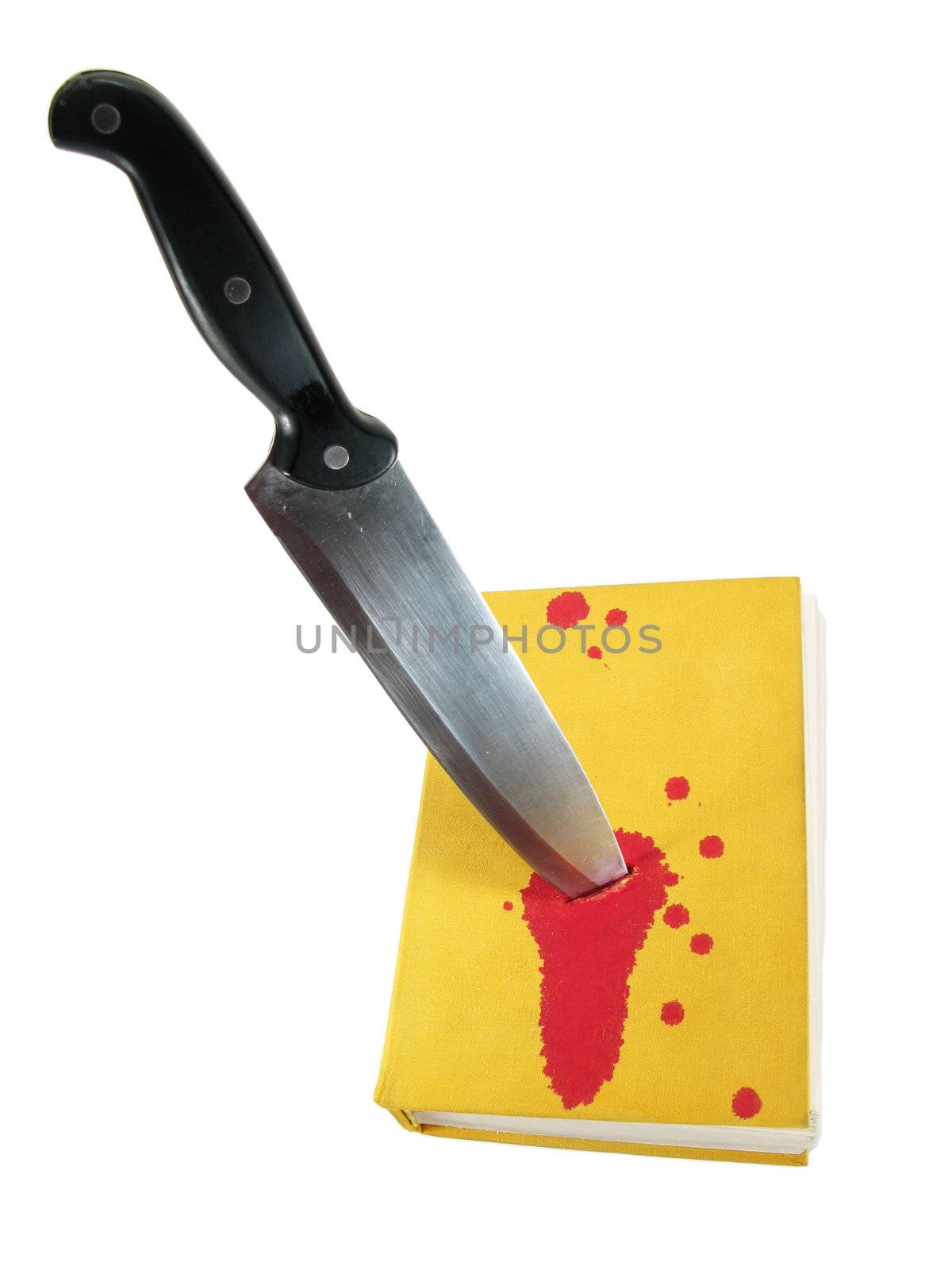 Metaphor: bloody book “killed” by knife. Isolated on white.
