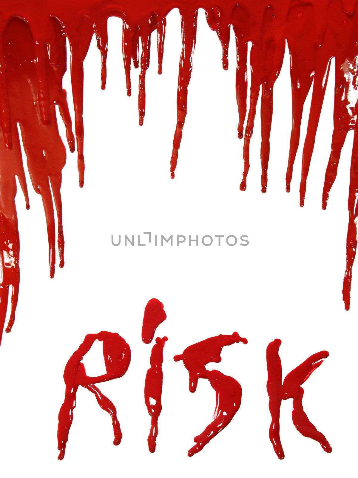 The word RISK in dripping red paint (as blooding) isolated on white.