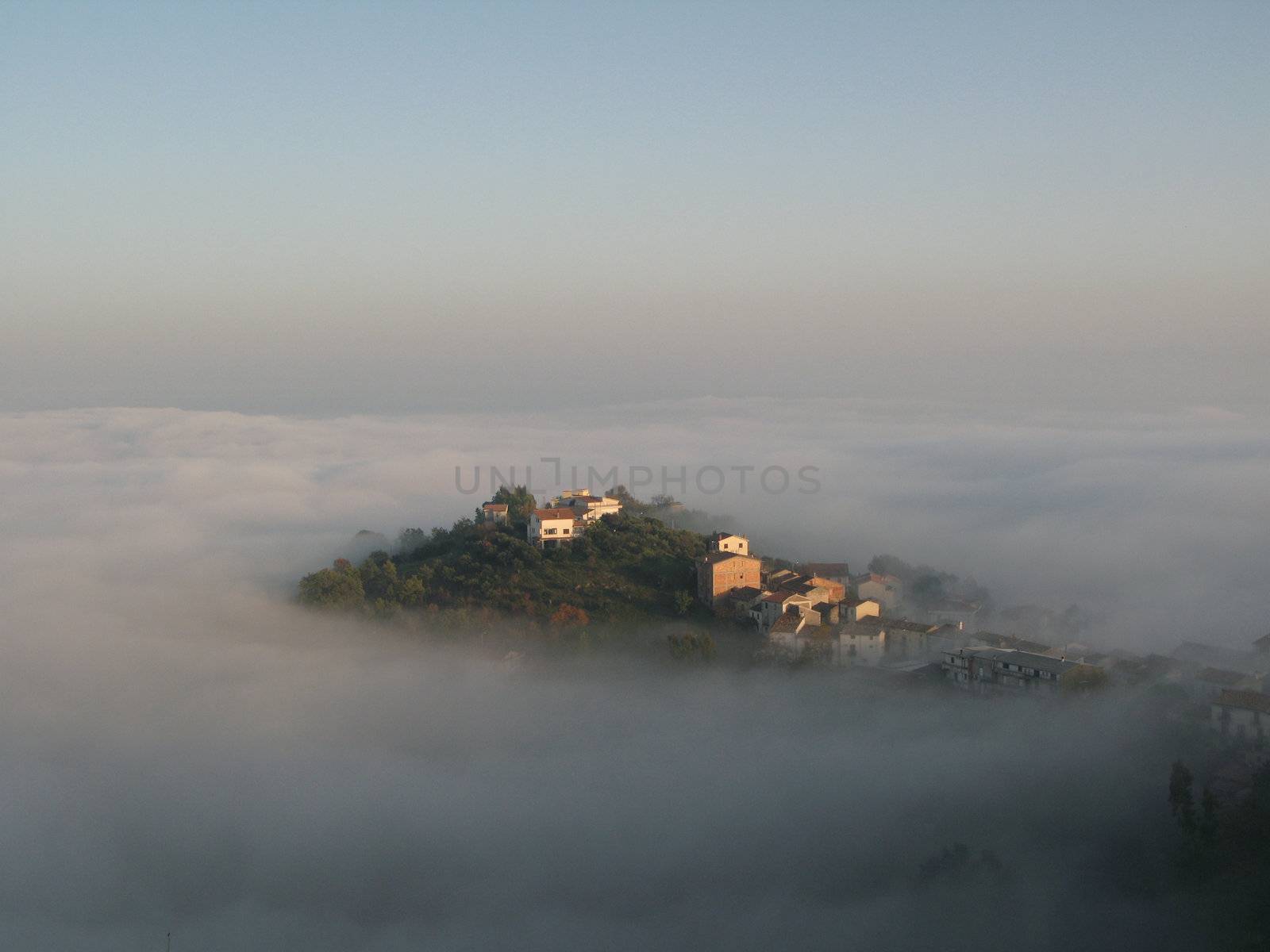 Landscape submerged by fog.