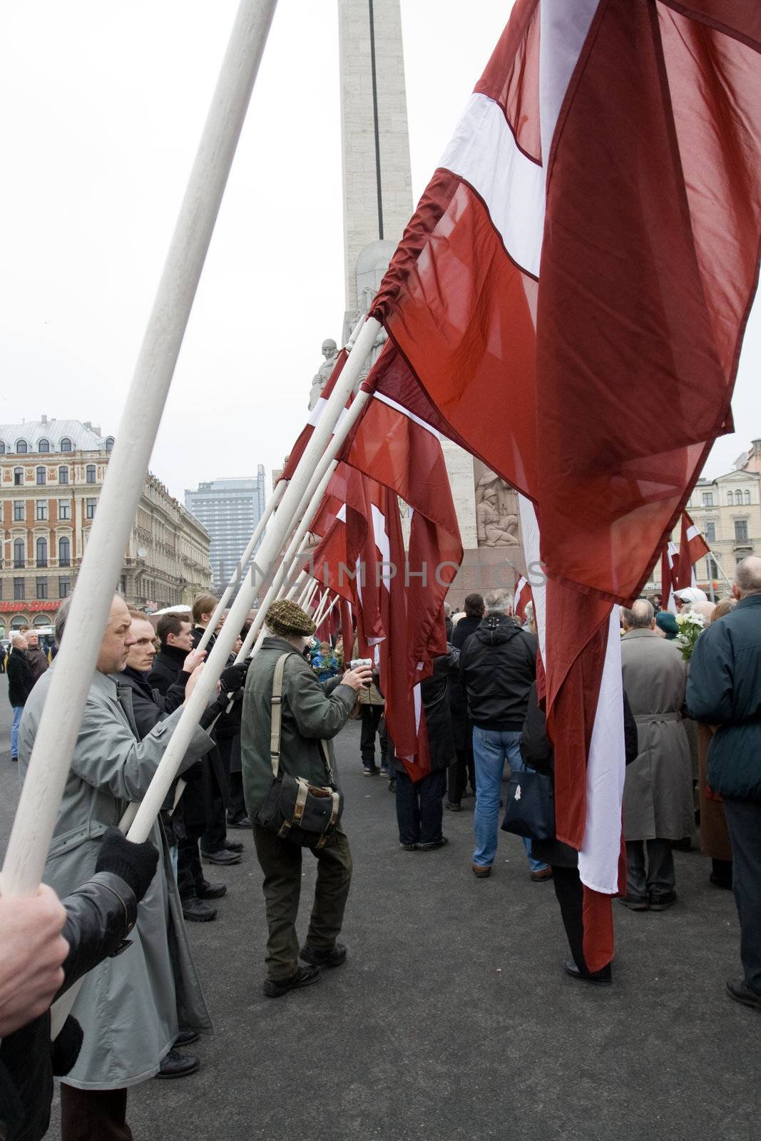 Riga, Latvia, March 16, 2009. Commemoration of the Latvian Waffen SS unit or Legionnaires.The event is always drawing crowds of nationalist supporters and anti-fascist demonstrators. Many Latvians legionnaires were forcibly called uo to join the Latvian SS Legion.