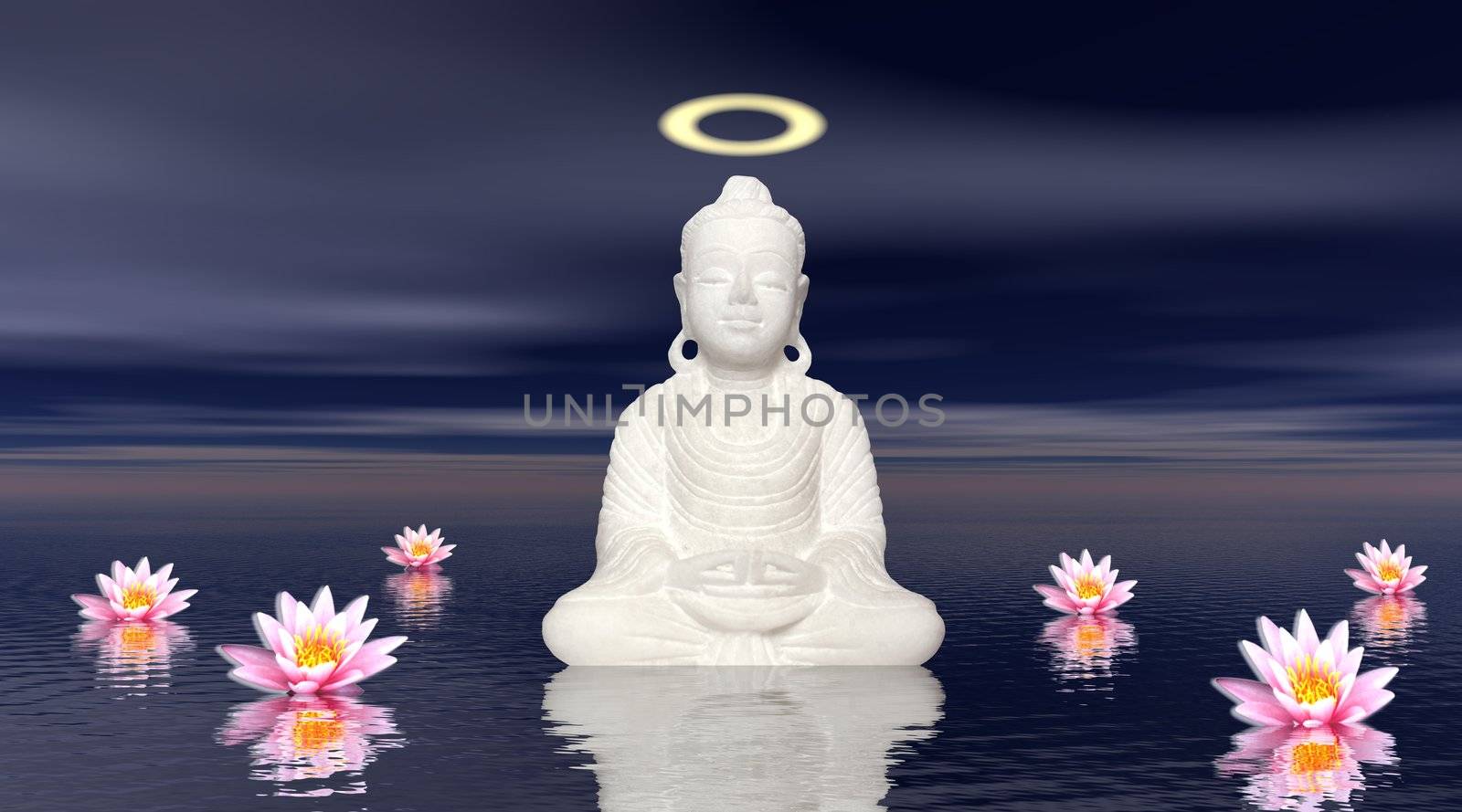 White statue of a Saint Buddha meditating upon the sea and several water lilies by night