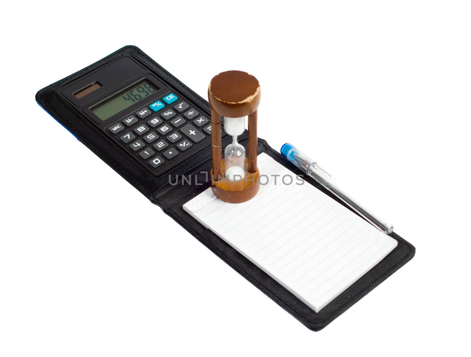 Concept image of tax time, by using a caluclator along with an hourglass, isolated against a white background