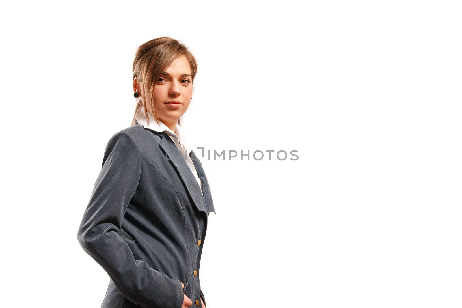 Business woman isolated against white background.