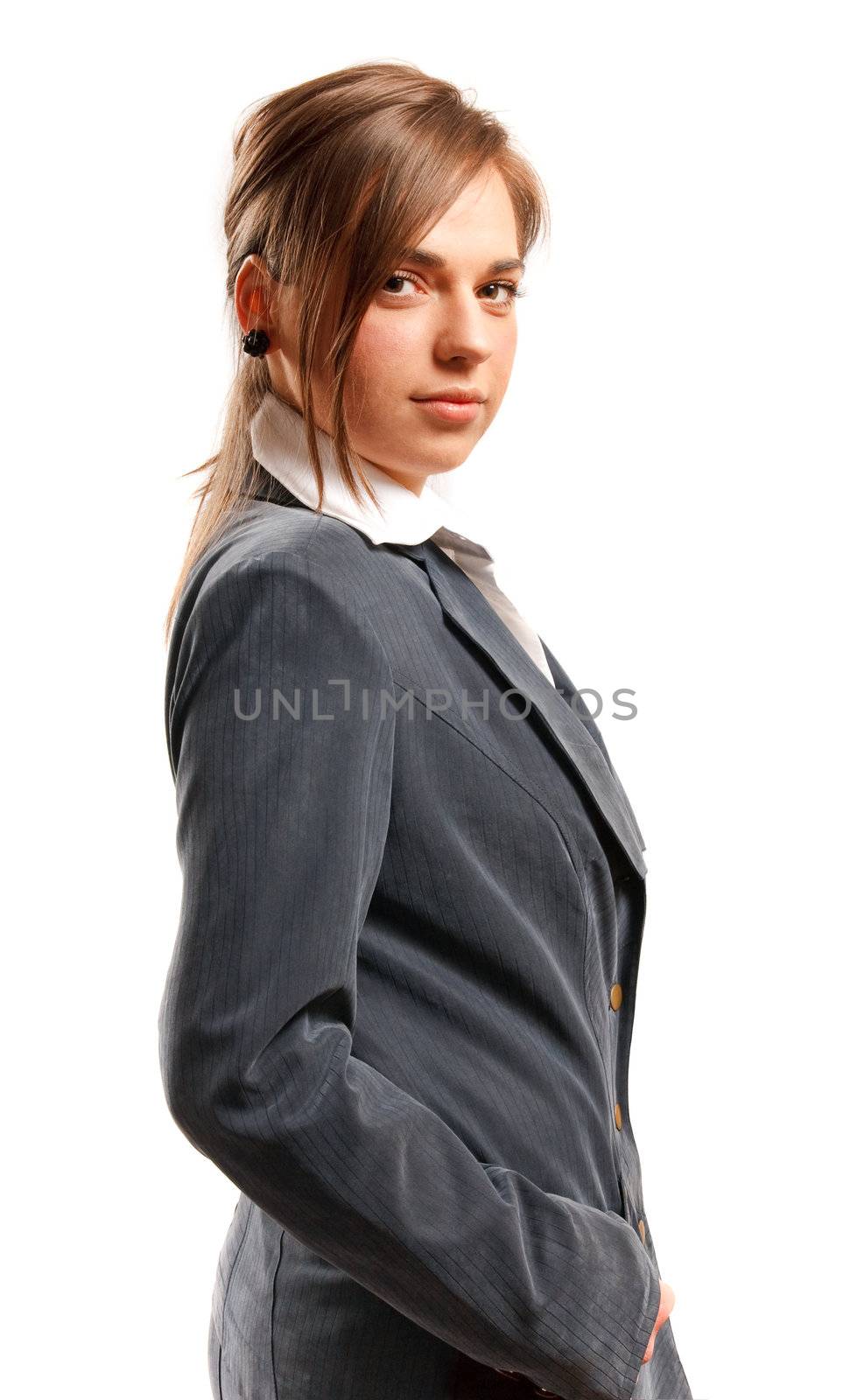 Business woman isolated against white background.