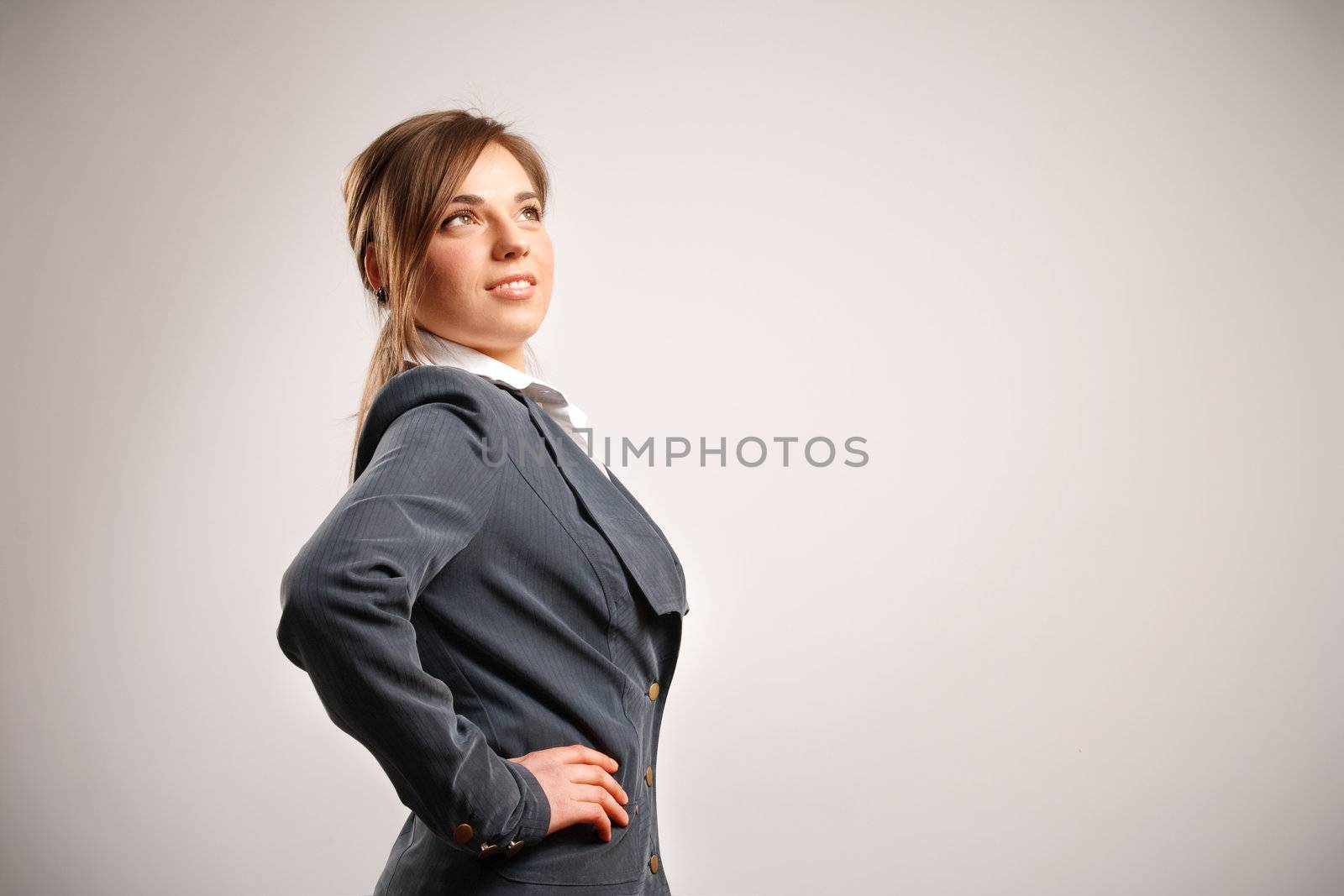 Business woman isolated against white background.