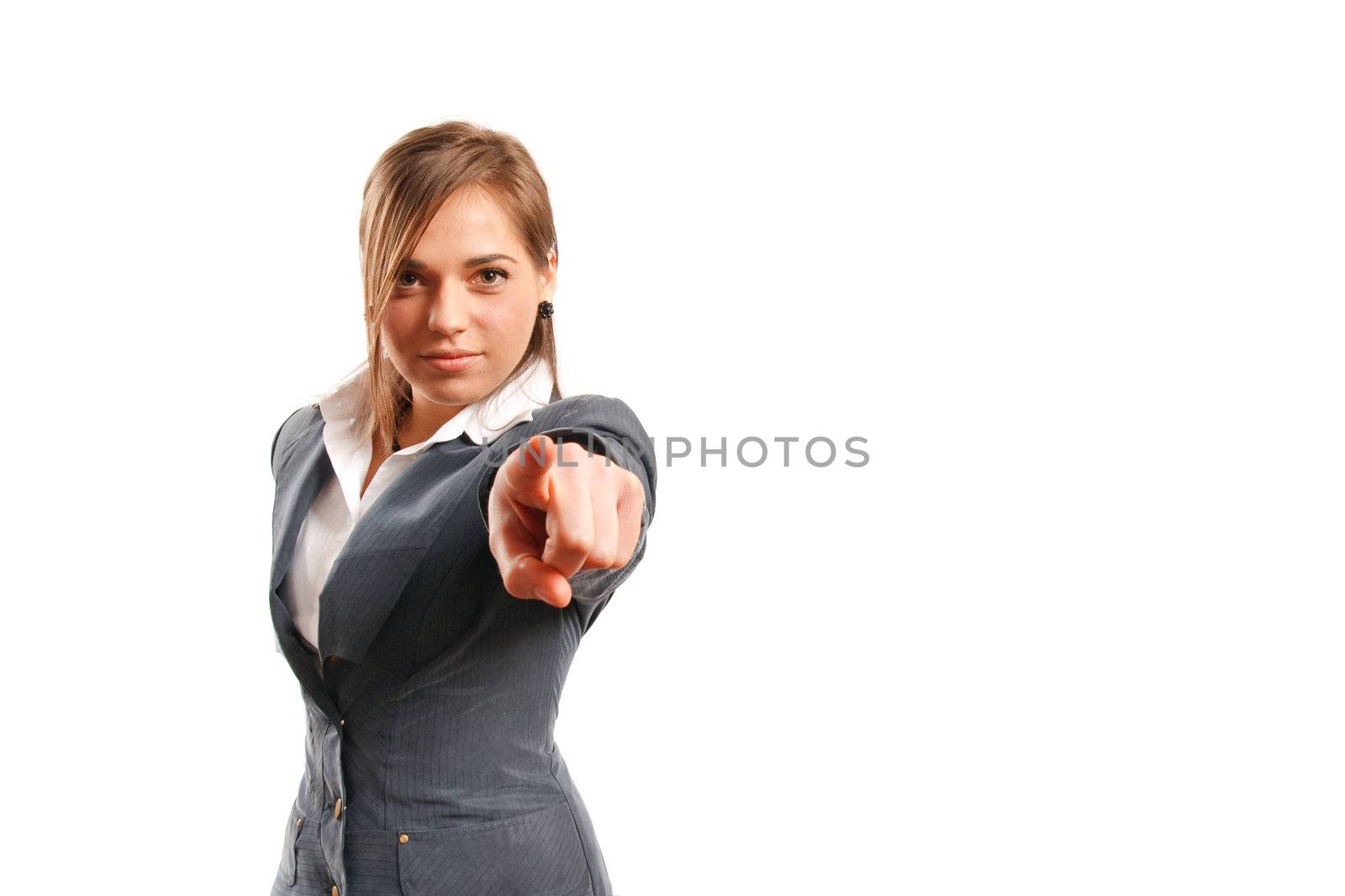 Business woman pointing at camera