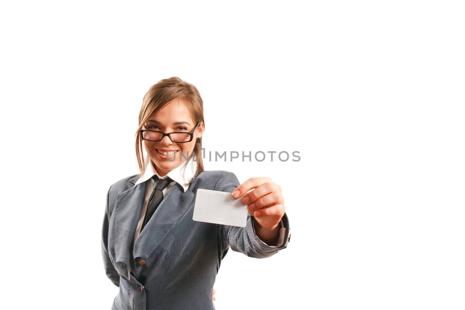 Business woman giving away her card.