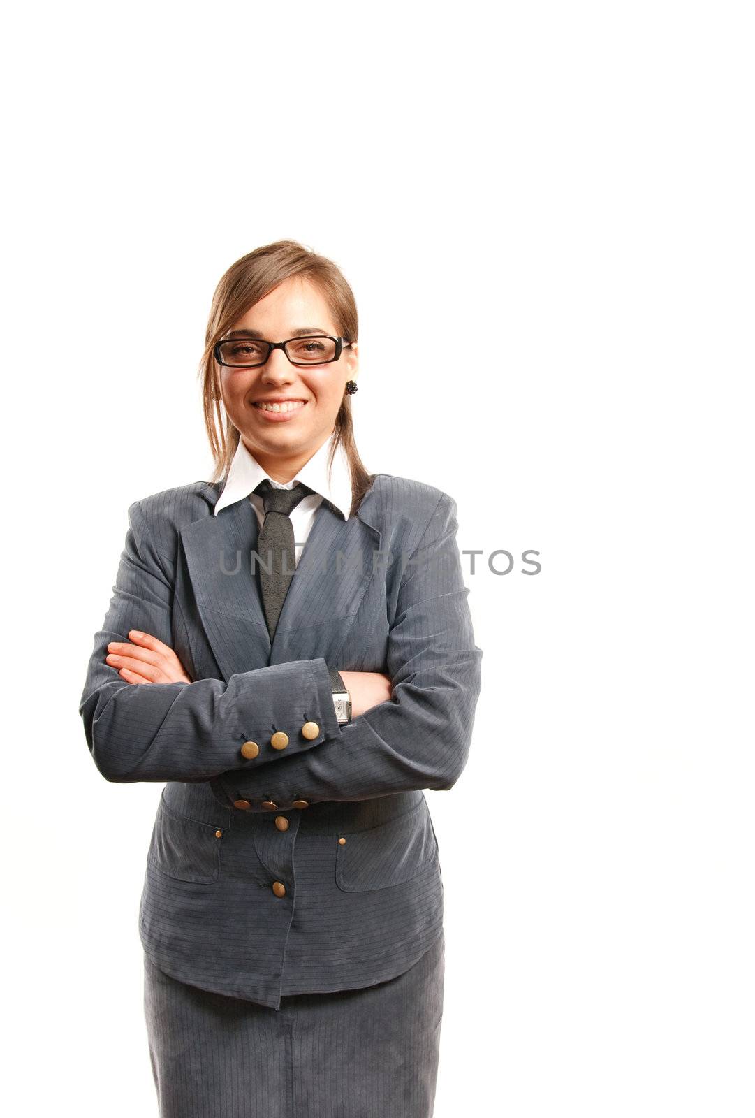 Business woman isolated against white background.