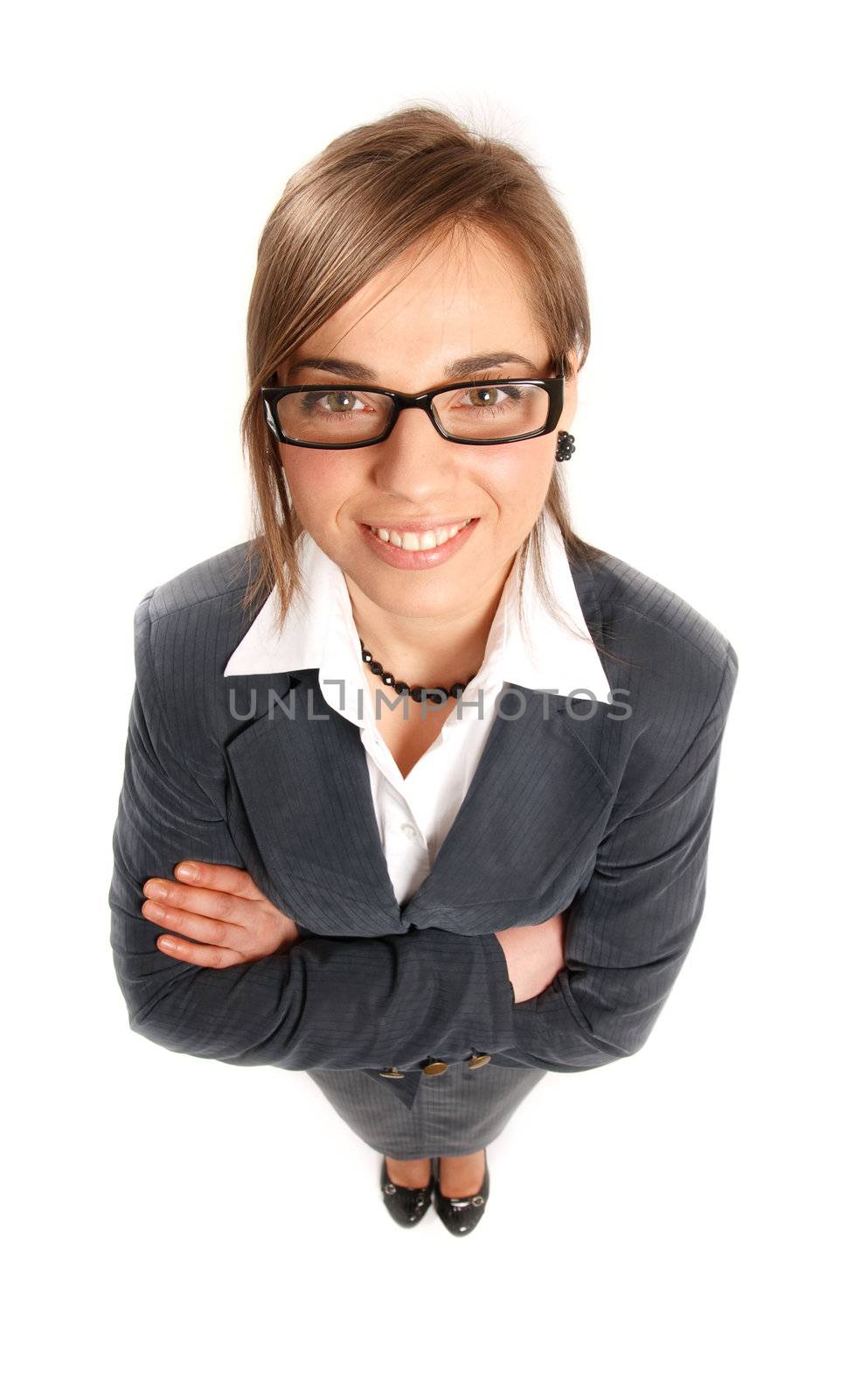 Business woman isolated against white background.