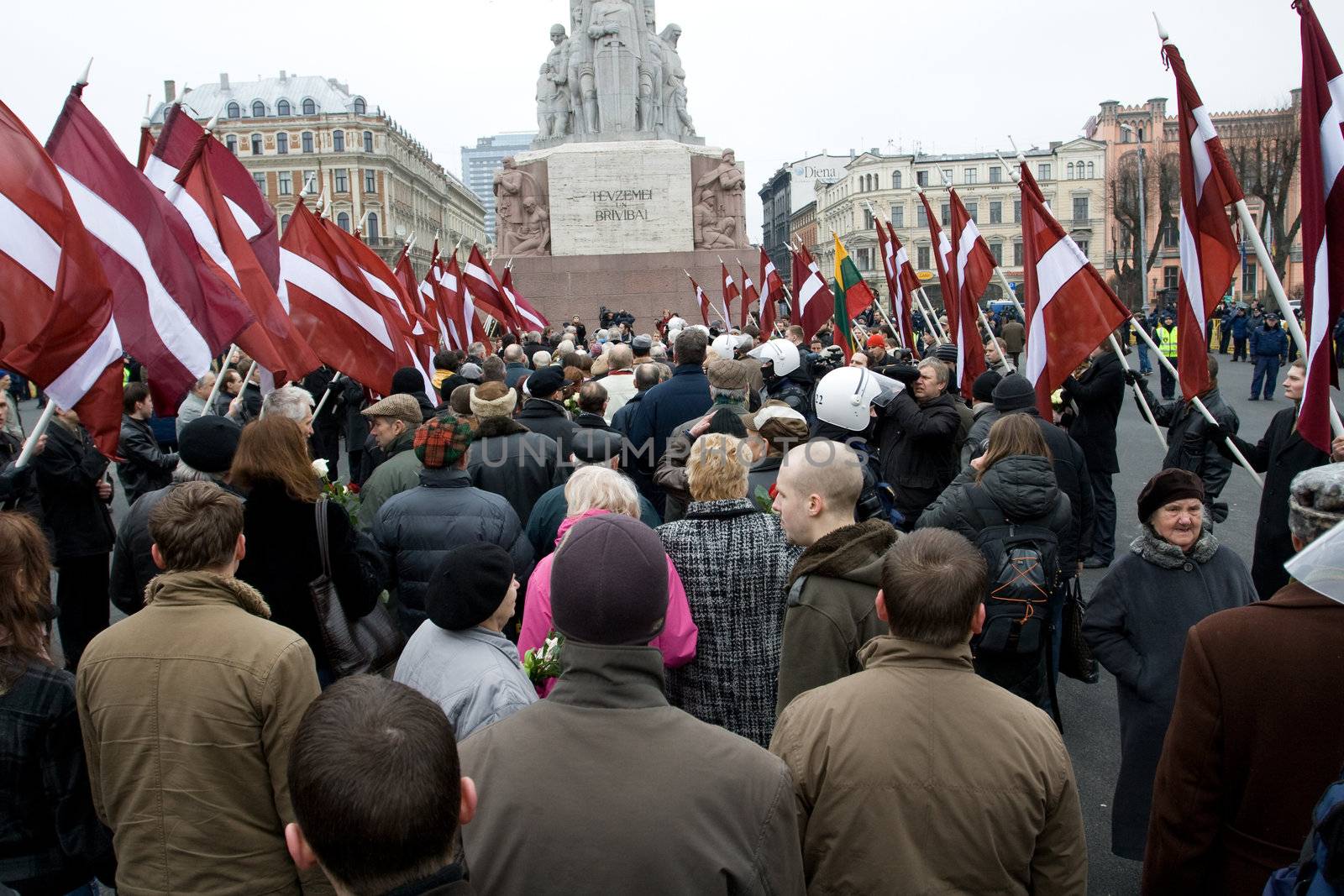 Riga, Latvia, March 16, 2009. Commemoration of the Latvian Waffen SS unit or Legionnaires.The event is always drawing crowds of nationalist supporters and anti-fascist demonstrators. Many Latvians legionnaires were forcibly called uo to join the Latvian SS Legion.