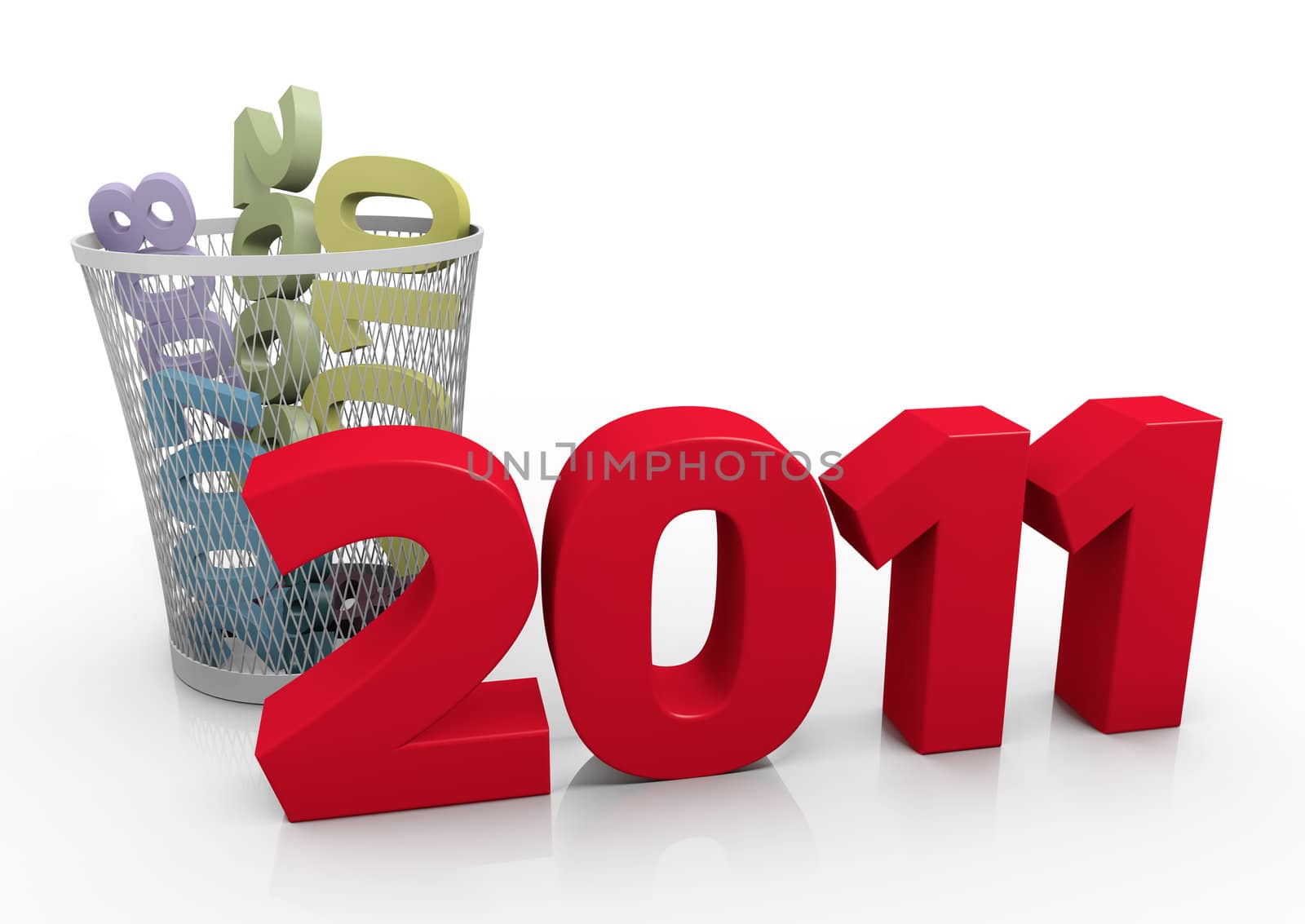 Brand new year 2011 with trash bin in the background containing the past. 3D rendered illustration.