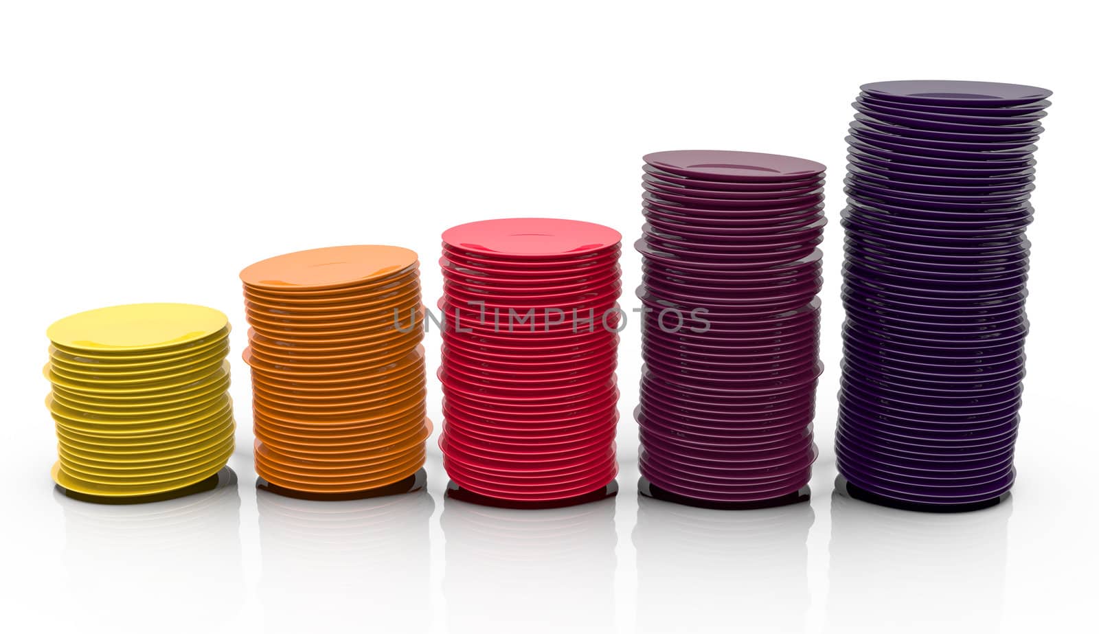 Colorful stack of plates in a chart-like composition. 3D render.