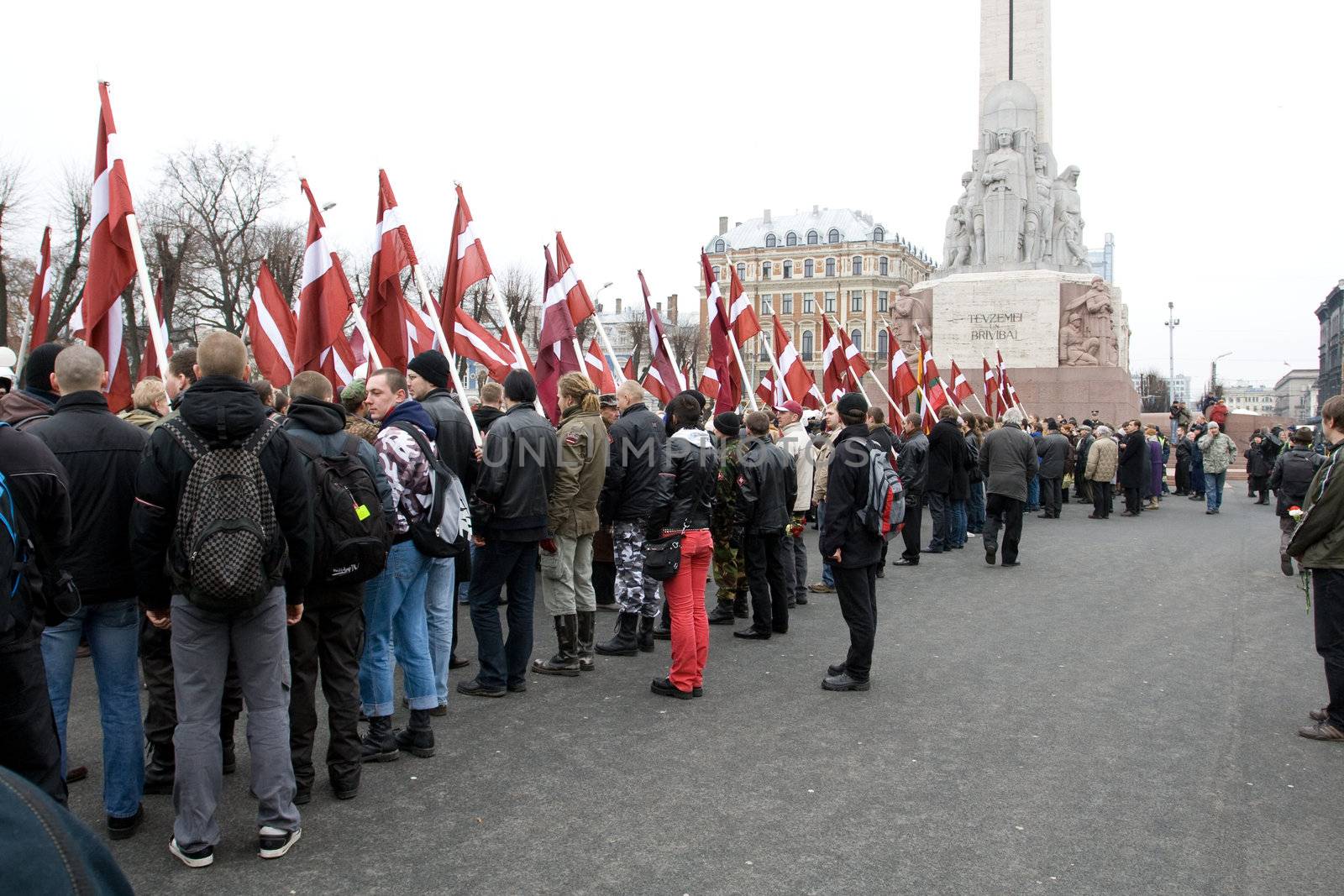 Riga, Latvia, March 16, 2009. Commemoration of the Latvian Waffen SS unit or Legionnaires.The event is always drawing crowds of nationalists and anti-fascist. Many Latvians legionnaires were forcibly called uo to join the Latvian SS Legion.