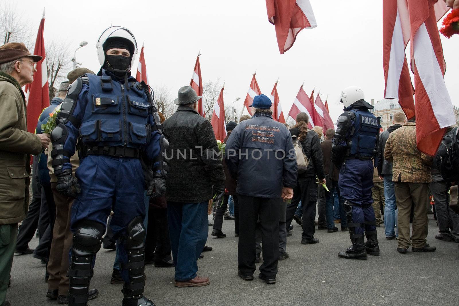 Riga, Latvia, March 16, 2009. Commemoration of the Latvian Waffen SS unit or Legionnaires.The event is always drawing crowds of nationalist supporters and anti-fascist demonstrators. Many Latvians legionnaires were forcibly called uo to join the Latvian SS Legion.