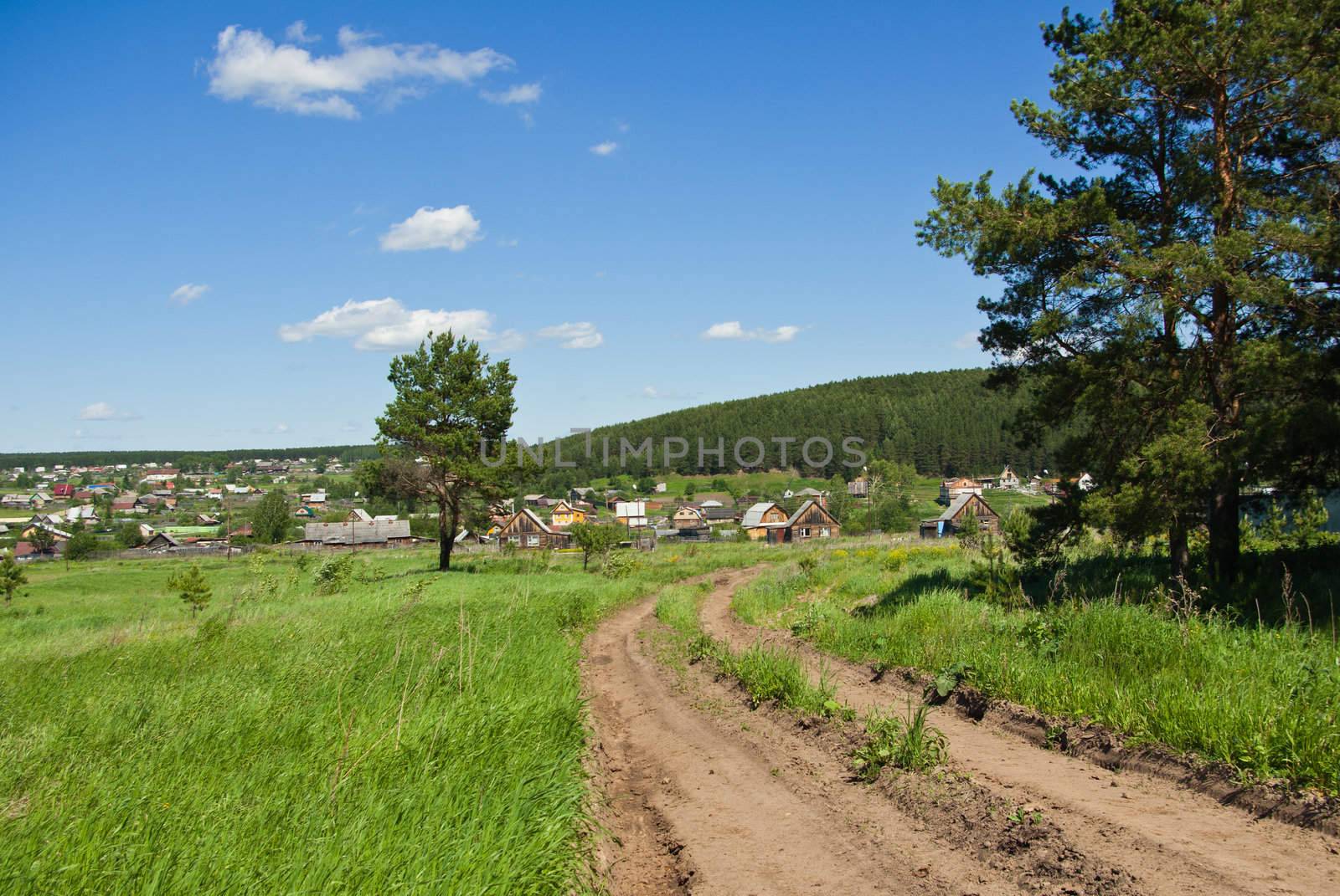 Summer landscape with a country road going to the Russian village