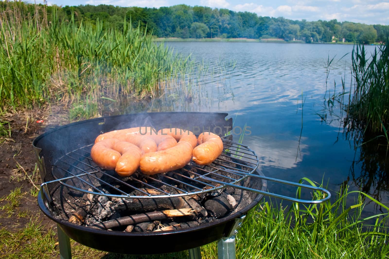 Fresh sausage preparing on grill at the lakeshore
