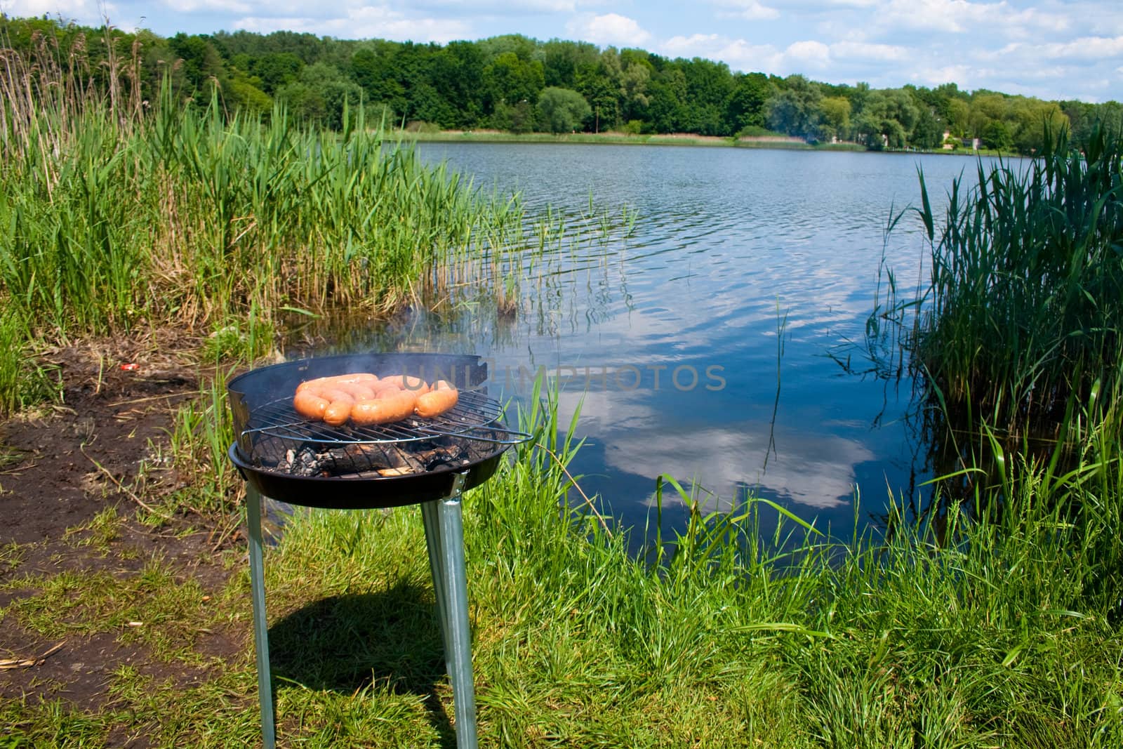 Fresh sausage preparing on grill at the lakeshore
