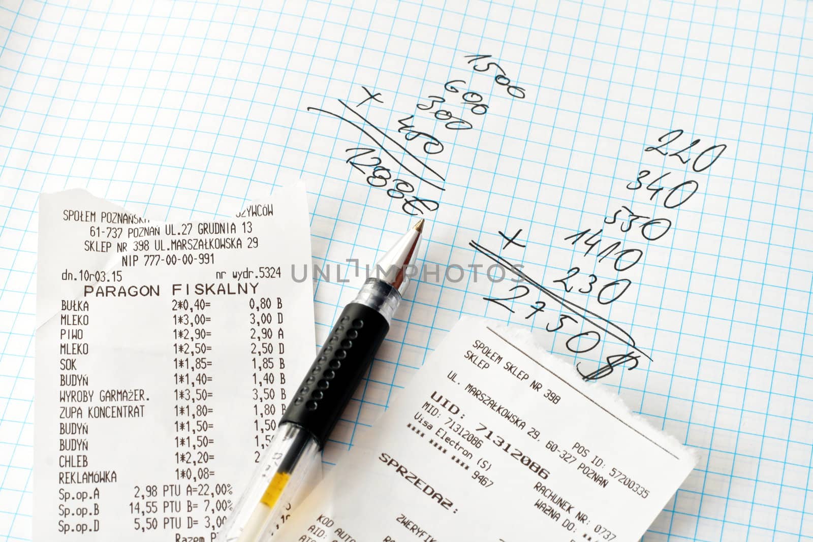 Shopping bills and calculations on a white paper
