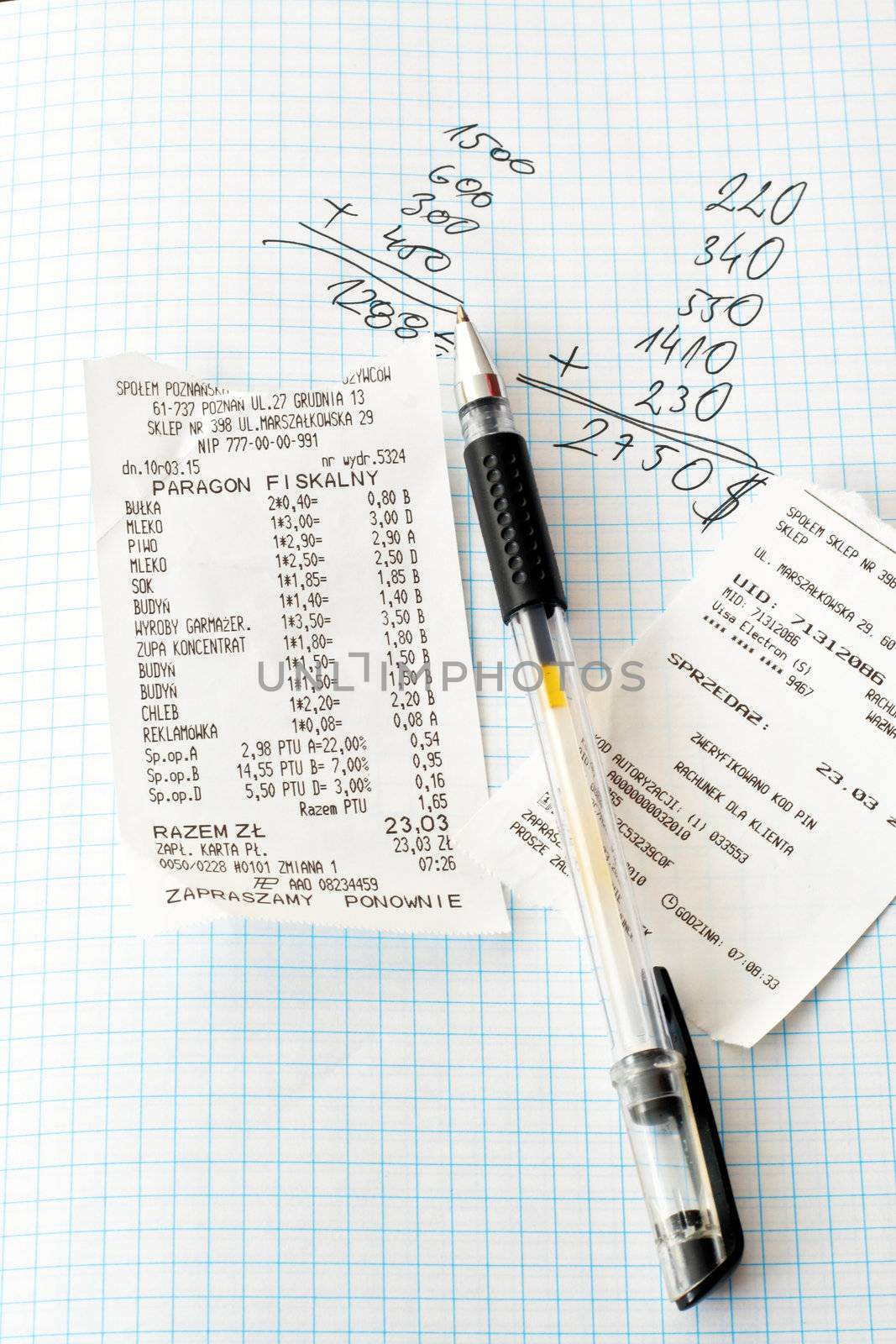 Shopping bills and calculations on a white paper
