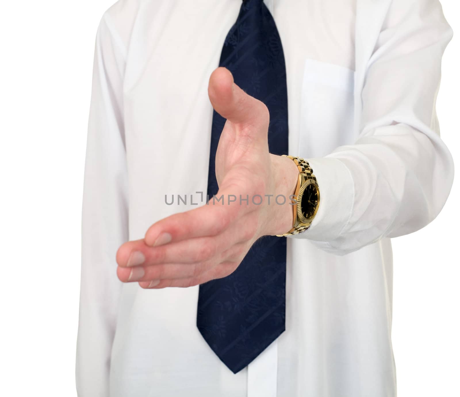 Business man with an open hand ready to seal a deal