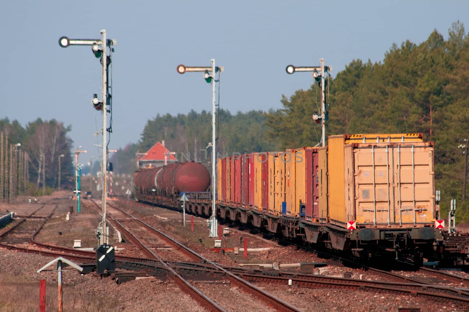 Mixed freight train with fuel and cargo containers passing the station in the middle of the woods
