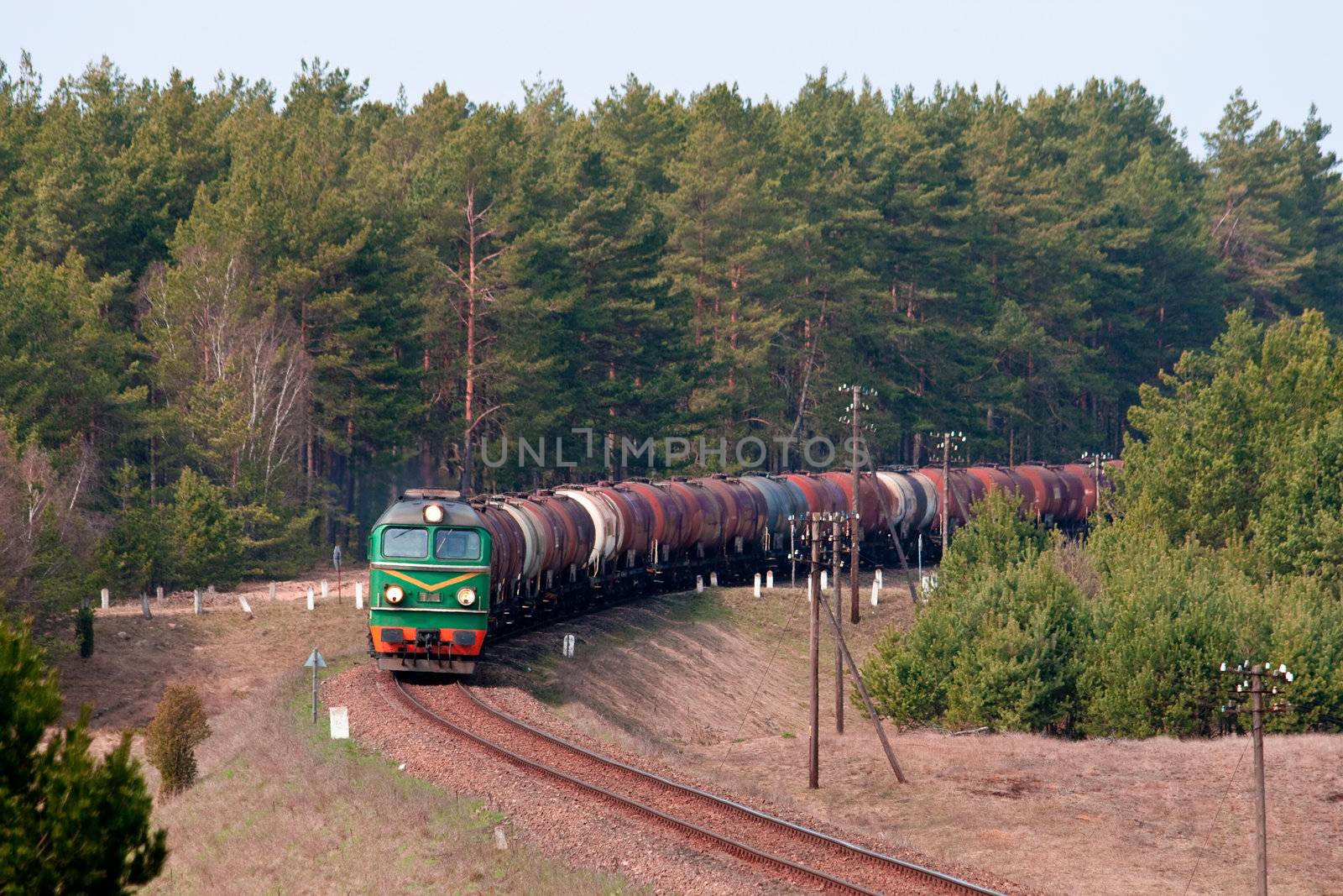 Freight train with fuel passing the woods
