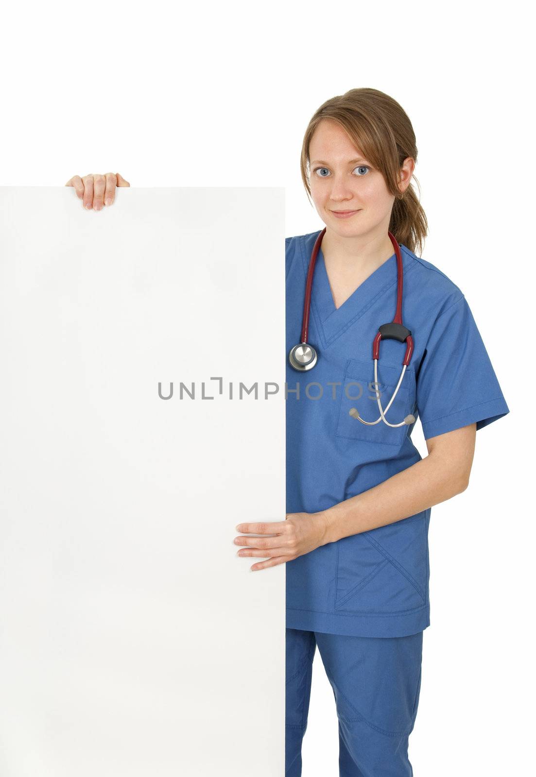 Friendly nurse holding blank banner by anikasalsera