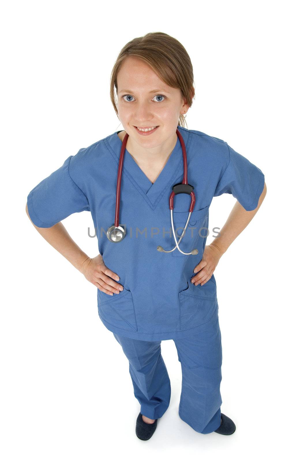 Smiling young nurse in blue uniform, on white background.