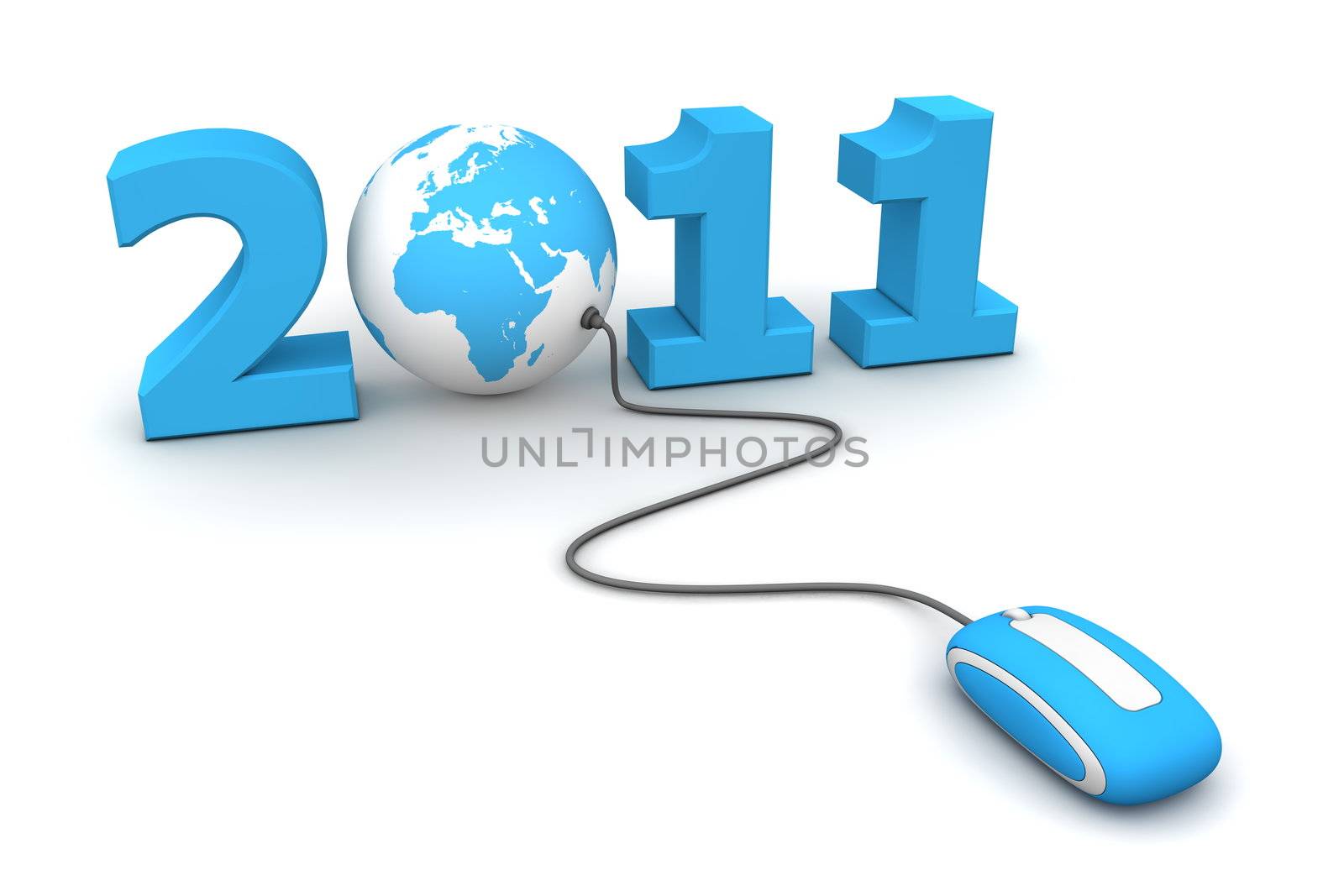 modern blue computer mouse connected to the blue date 2011 and a globe replaces number 0 - welcome the new year