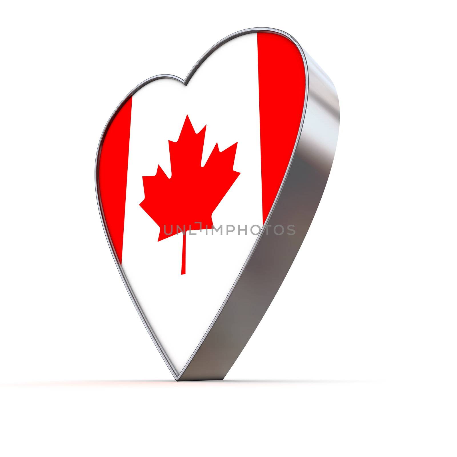 shiny metallic 3d heart of silver/chrome - front surface shows the canadian flag