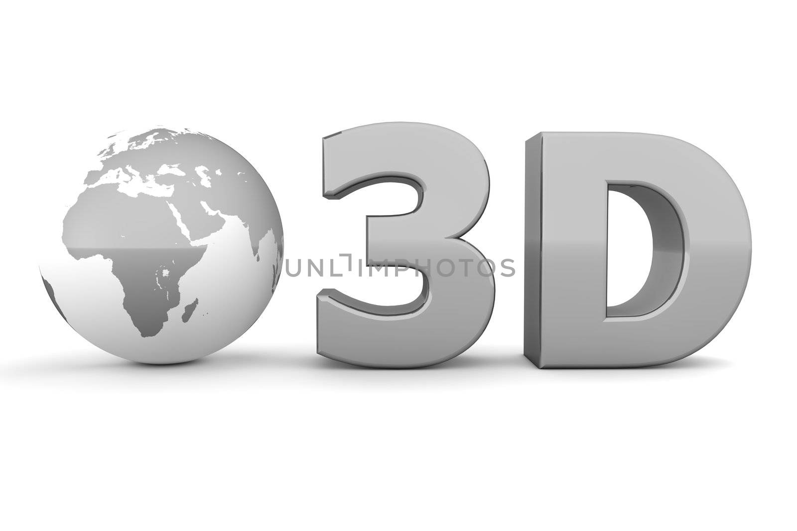 metallic grey word 3D with a 3D globe - front view