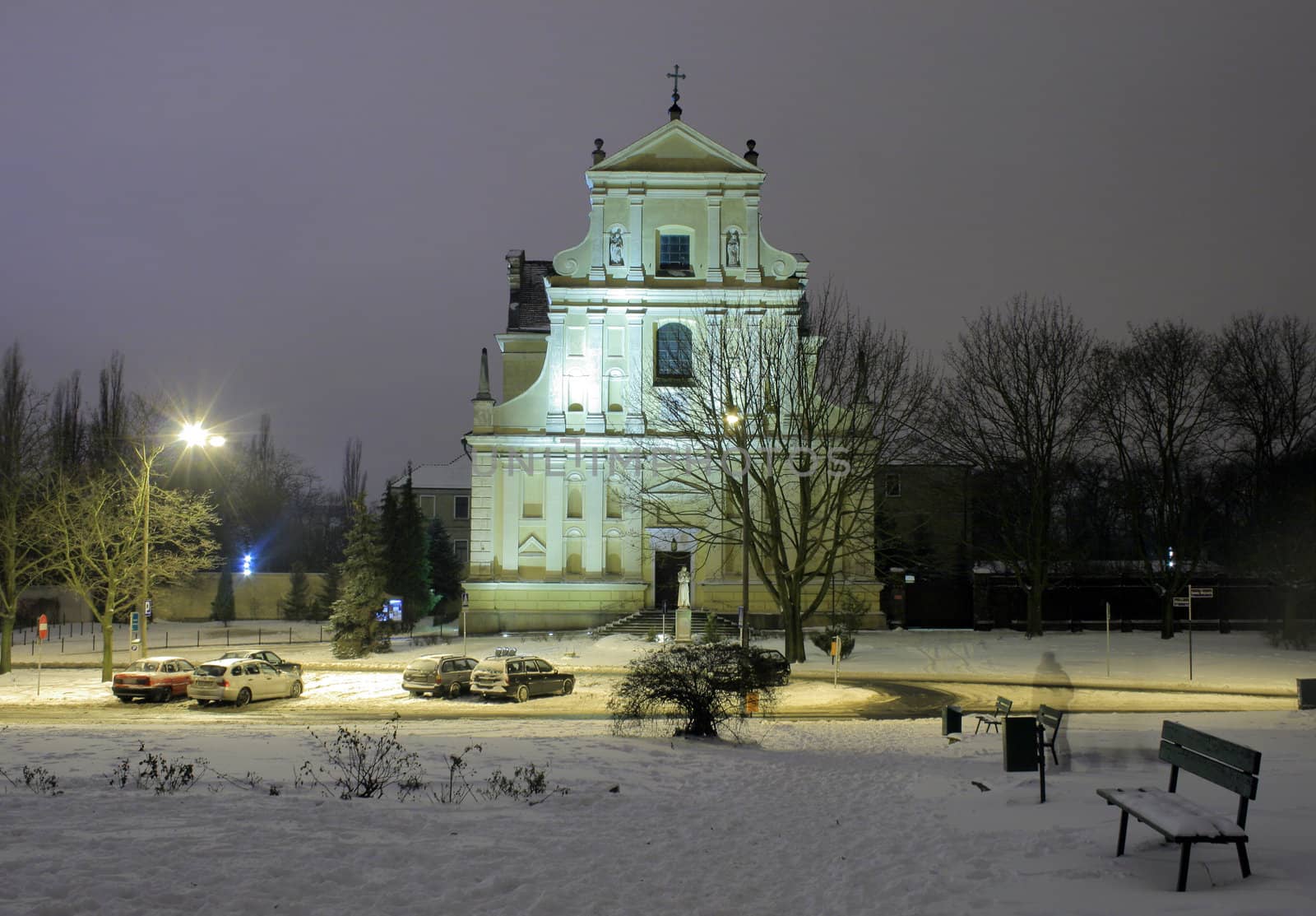 Old town architecture during the winter night in poznan, poland