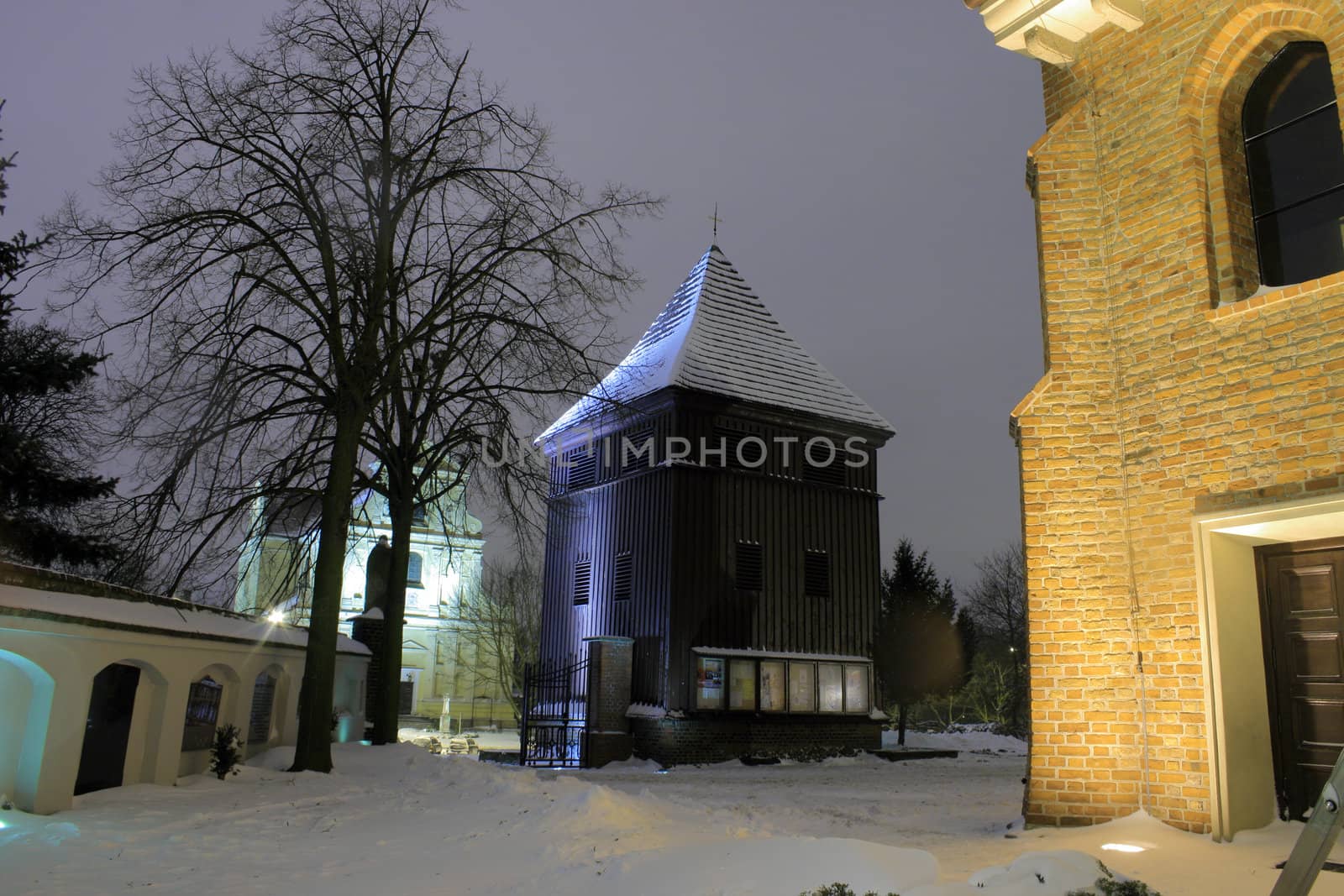 Old town architecture during the winter night in poznan, poland