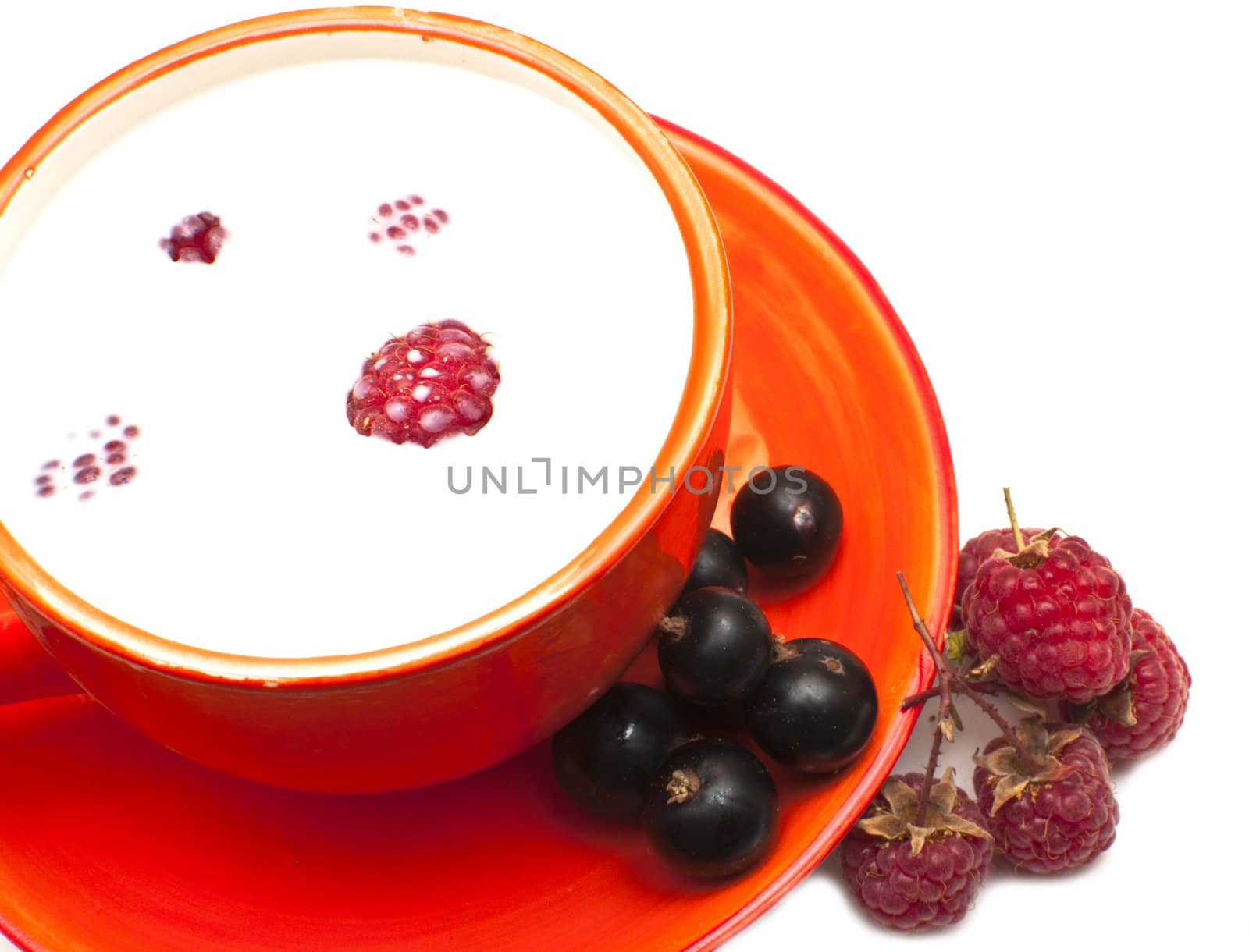 сup of milk with berries isolate on white 